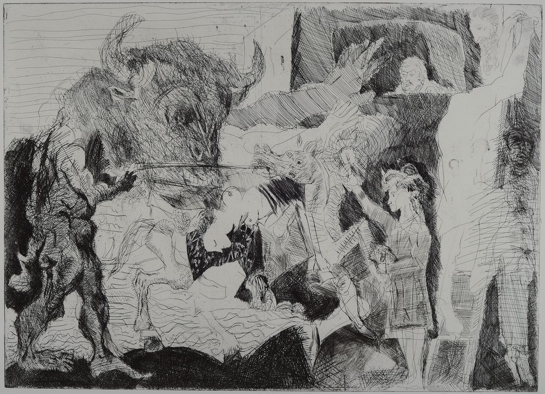 Alfred Hrdlicka, 1928 Wien - 2009, Radierung Kampfszene mit Minotaurus, HC, handsigniert und datiert 73, ca. 50 x 69 cm, Blattmaß ca. 63 x 90 cm, ...