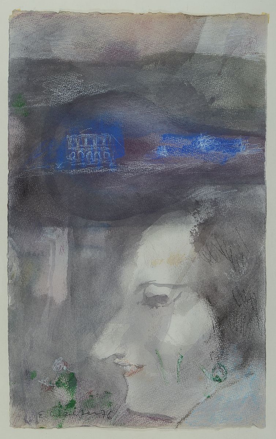 Emil Wachter, 1921 Neuburgweier/Baden - 2012 Karlsruhe, Aquarell/Mischtechnik, Frauenkopf vor stil. Kunsthalle, li. u. signiert und dat. 76, ca. 55 x ...