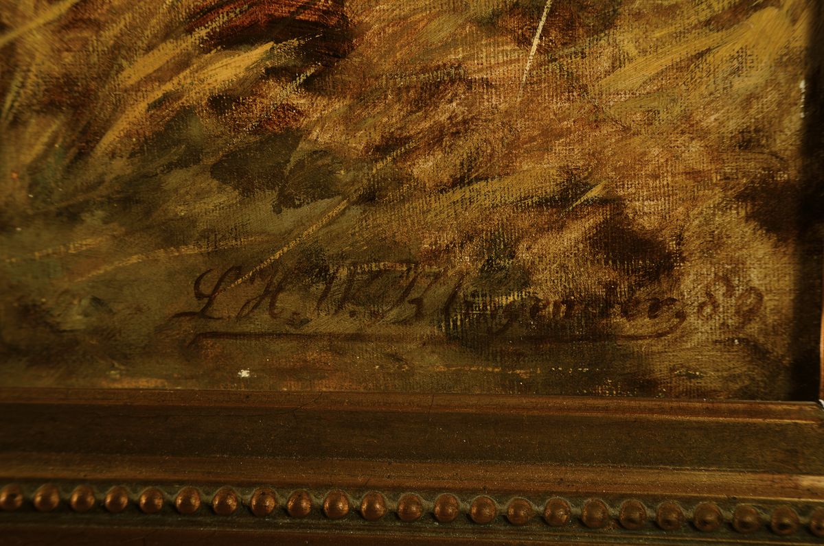 Detail a: Louis Henry Weston Klingender, 1861 Liverpool - 1950 in Gb., Brunftzeit, kämpfende Hirsche, Waldgebirgslandschaft in den Kampf hineingezogen, Bild ...