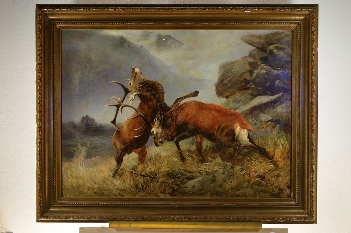 Detail k: Louis Henry Weston Klingender, 1861 Liverpool - 1950 in Gb., Brunftzeit, kämpfende Hirsche, Waldgebirgslandschaft in den Kampf hineingezogen, Bild ...