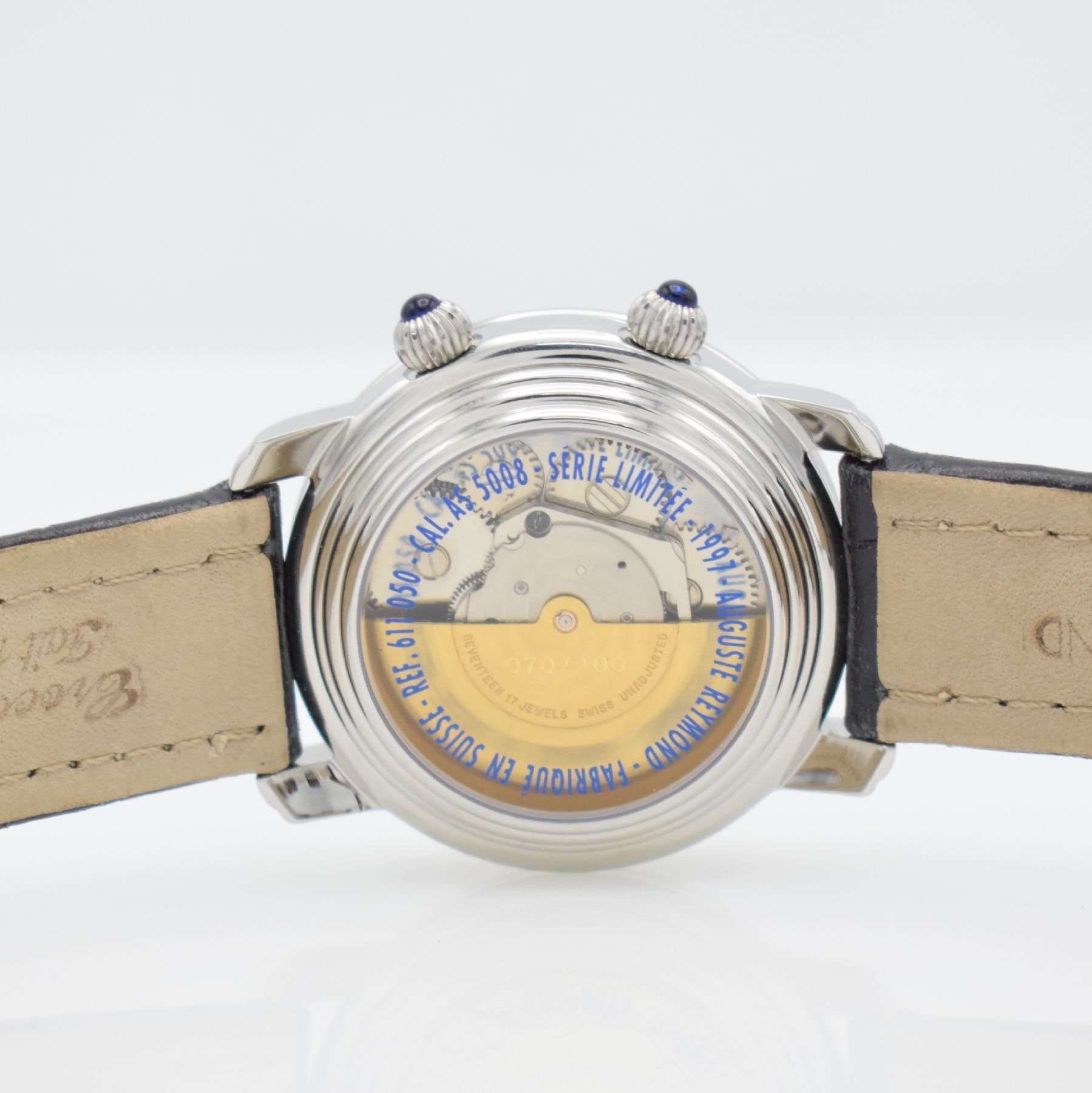 Detail e: AUGUSTE REYMOND limitierter Armbandwecker, Schweiz um 1997, limitiert auf 100 Stück, Automatik, Ref. 611050, beids. vergl. Edelstahlgeh. inkl. orig. ...