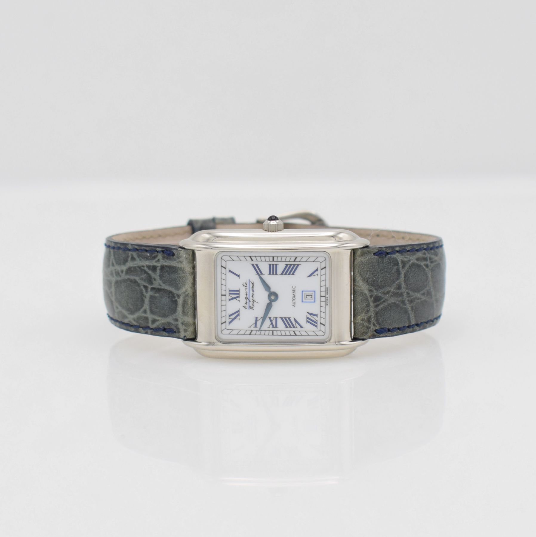 AUGUSTE REYMOND rechteckige Armbanduhr, Schweiz um 2000, Automatik, beids. vergl. Metallgeh. m. Edelstahlboden gedr., orig. Lederband & Dornschl., ...