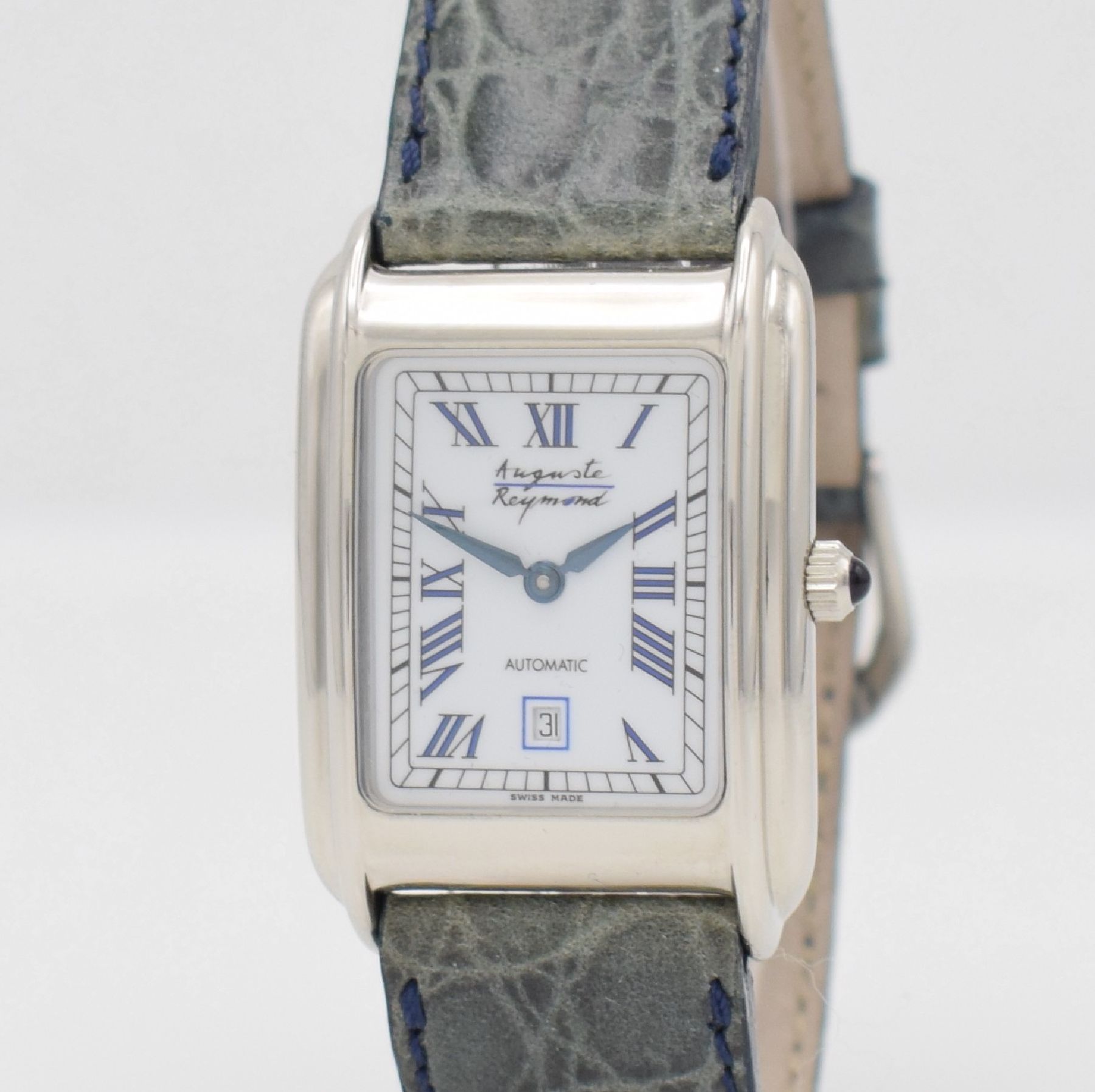 Detail c: AUGUSTE REYMOND rechteckige Armbanduhr, Schweiz um 2000, Automatik, beids. vergl. Metallgeh. m. Edelstahlboden gedr., orig. Lederband & Dornschl., ...