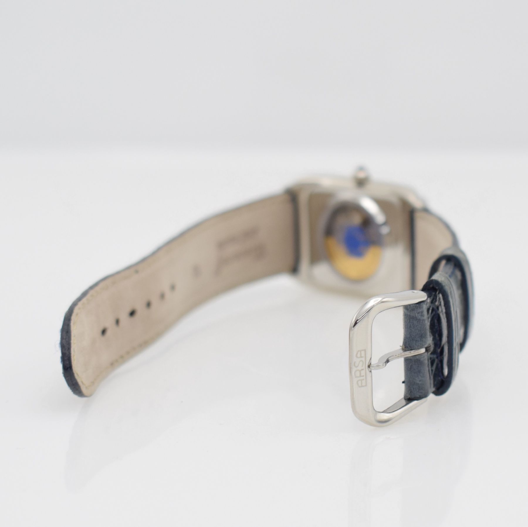 Detail d: AUGUSTE REYMOND rechteckige Armbanduhr, Schweiz um 2000, Automatik, beids. vergl. Metallgeh. m. Edelstahlboden gedr., orig. Lederband & Dornschl., ...