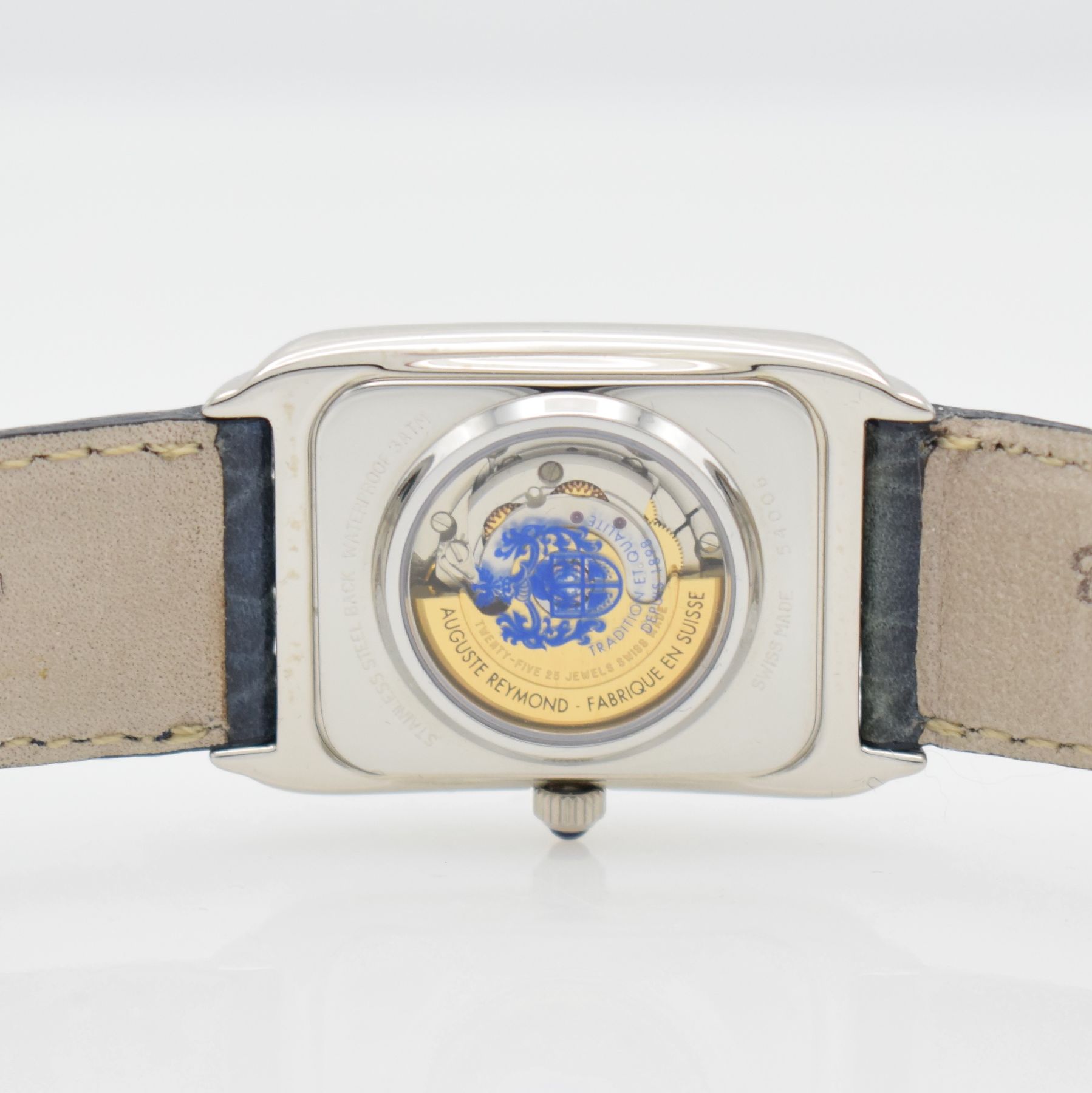 Detail f: AUGUSTE REYMOND rechteckige Armbanduhr, Schweiz um 2000, Automatik, beids. vergl. Metallgeh. m. Edelstahlboden gedr., orig. Lederband & Dornschl., ...