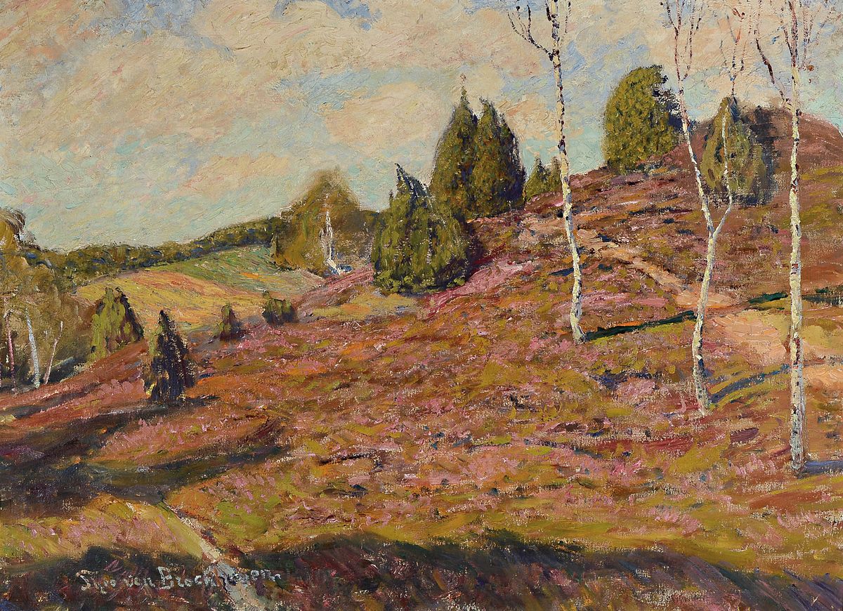 Theo von Brockhusen, 1882 Marggrabowa - 1919 Berlin, Heidelandschaft mit Birken, gekonnteTiefenstaffelung mit den schwierigen Rot- und Brauntönen, ...