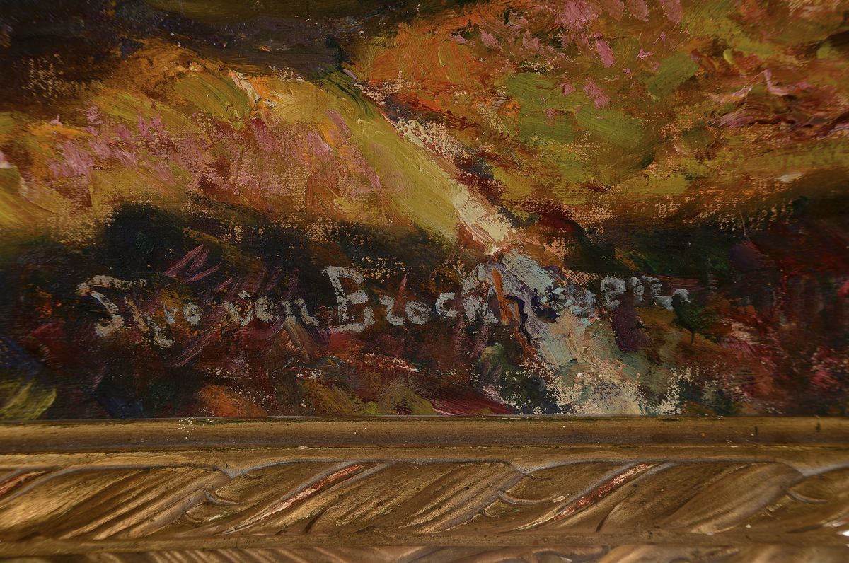 Detail a: Theo von Brockhusen, 1882 Marggrabowa - 1919 Berlin, Heidelandschaft mit Birken, gekonnteTiefenstaffelung mit den schwierigen Rot- und Brauntönen, ...