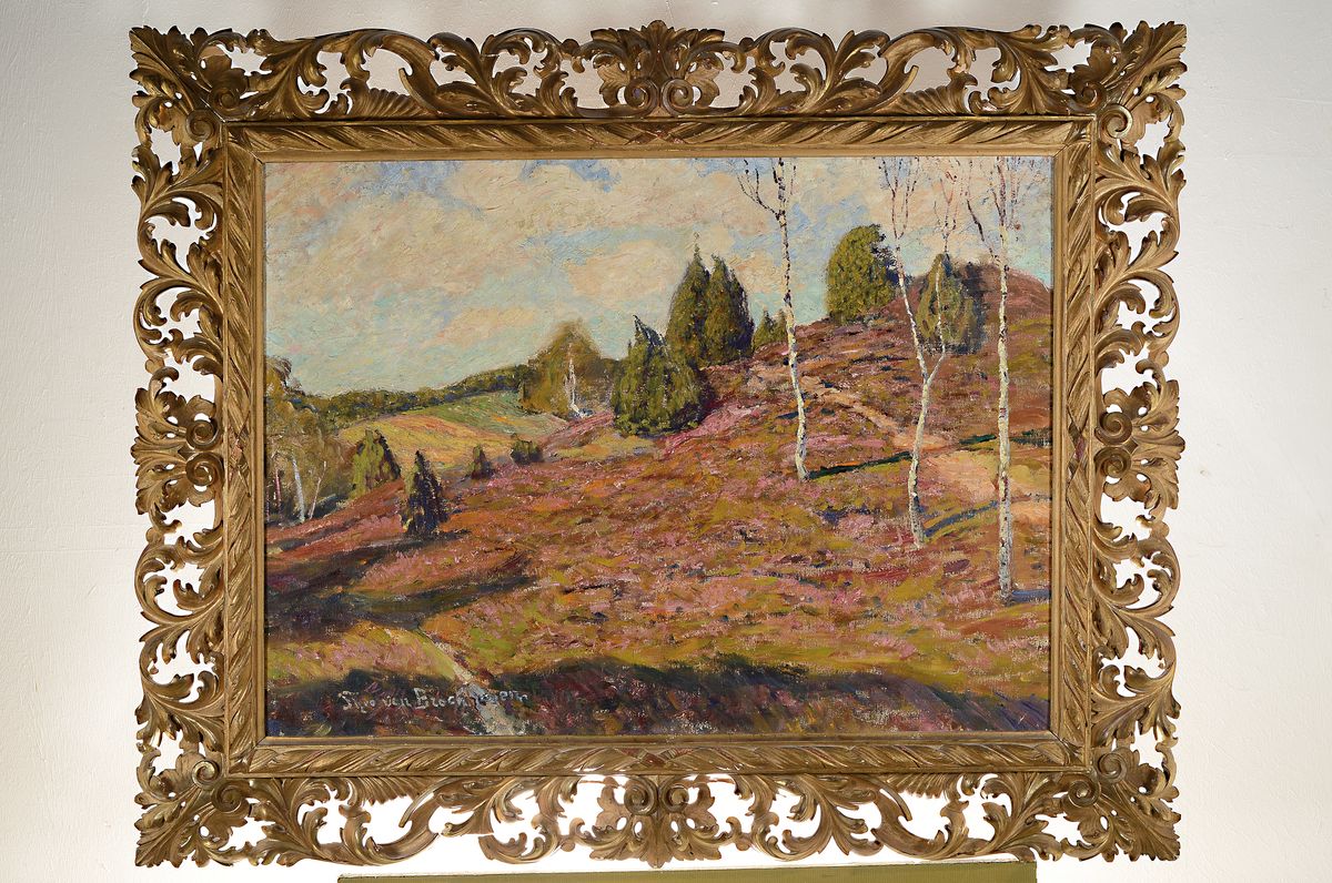 Detail k: Theo von Brockhusen, 1882 Marggrabowa - 1919 Berlin, Heidelandschaft mit Birken, gekonnteTiefenstaffelung mit den schwierigen Rot- und Brauntönen, ...