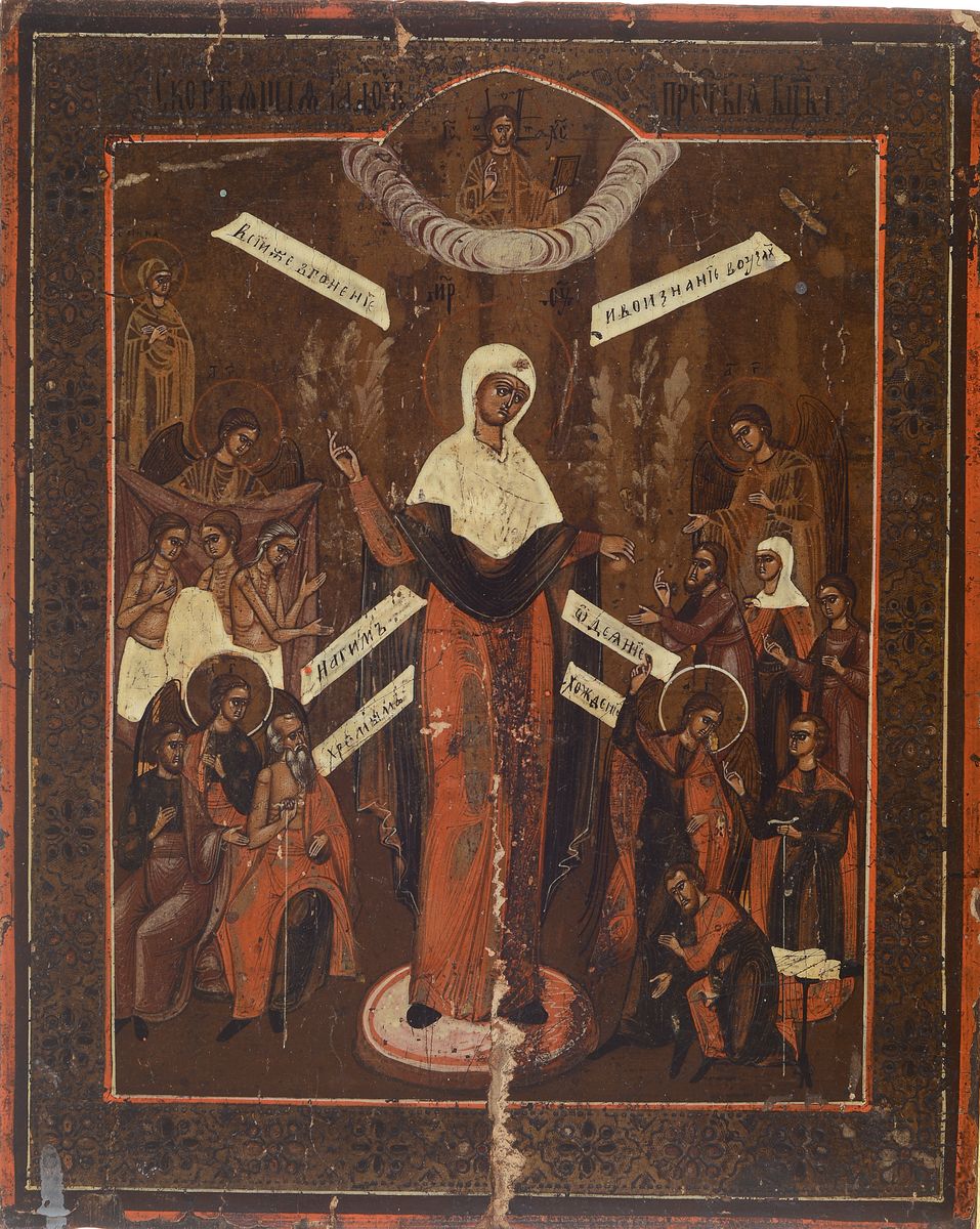Ikone, Russland, um 1840, Mariae Schutz und Fürbitte, Eitempera/Holz, altersbedingt beschädigt, ca. 32 x 25.5 cm