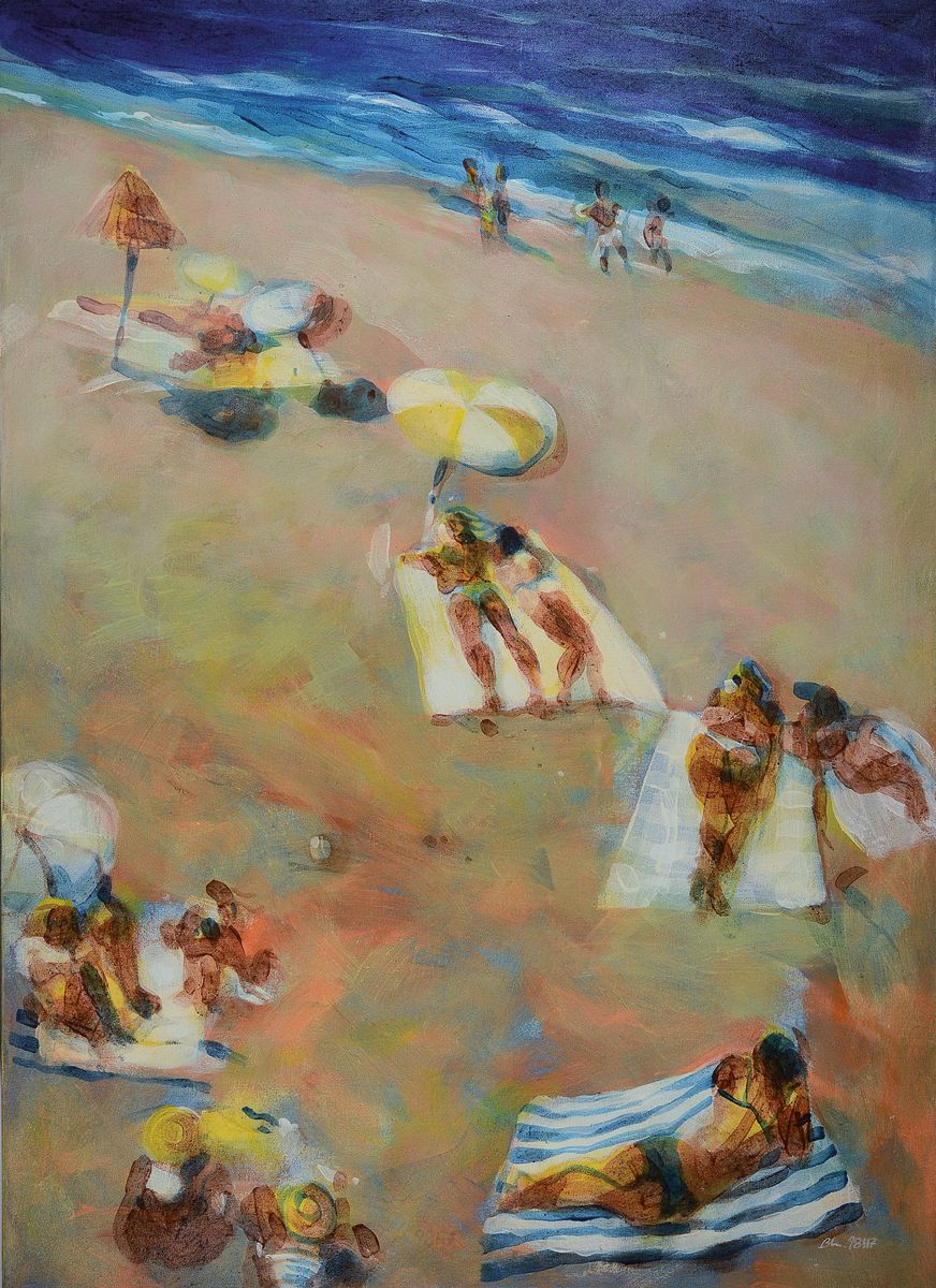 Wolfgang Blanke, geboren 1948 in Münster, lebt und arbeitet in der Pfalz, hier: Strandleben 1998, Acryl/Lwd, verso sign., num. 98-117, betitelt und ...