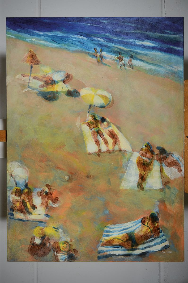 Detail k: Wolfgang Blanke, geboren 1948 in Münster, lebt und arbeitet in der Pfalz, hier: Strandleben 1998, Acryl/Lwd, verso sign., num. 98-117, betitelt und ...