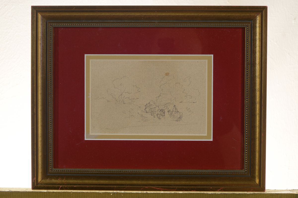 Detail k: Anton Burger, Kronberger Maler, 1824 Frankfurt - 1905 Kronberg, Zeichnung, Landschaftsskizze Kühe an der Tränke, rückseitig mit Nachlassstempel ...