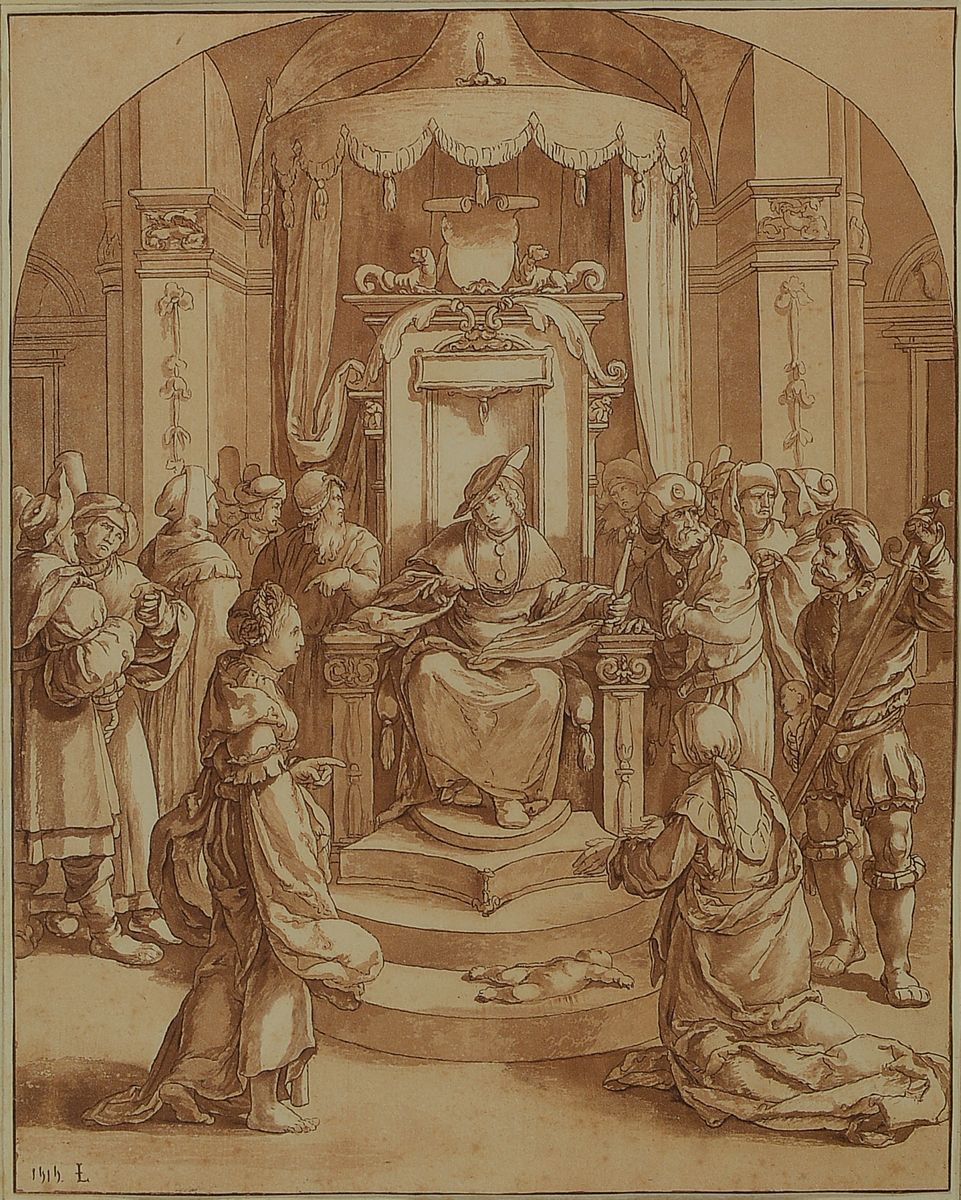 Monogrammist L, Niederlande, dat. 1515, Sepiazeichnung, Darstellung des Salomon bei der Gerichtsverhandlung über die wahre Mutter des Kindes, naive ...