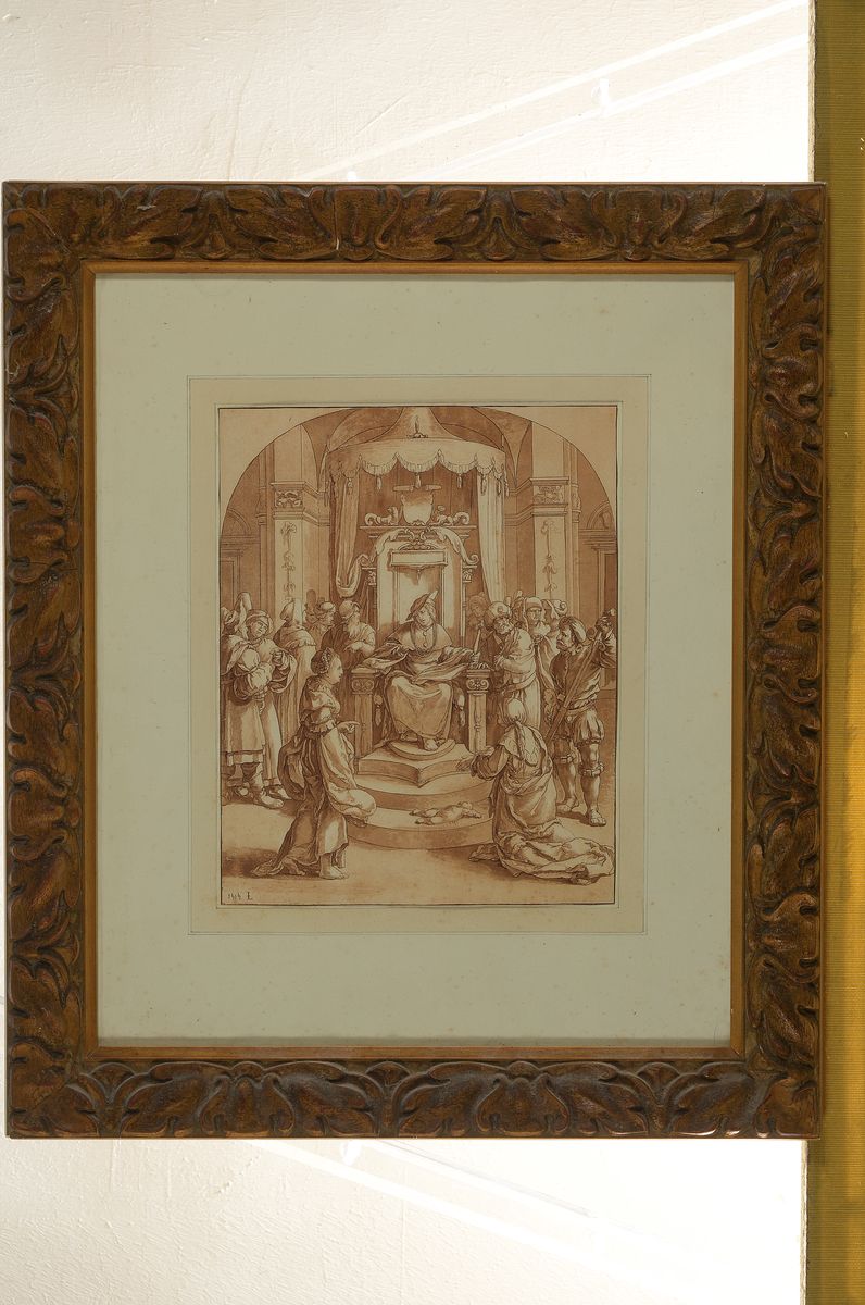 Detail k: Monogrammist L, Niederlande, dat. 1515, Sepiazeichnung, Darstellung des Salomon bei der Gerichtsverhandlung über die wahre Mutter des Kindes, naive ...
