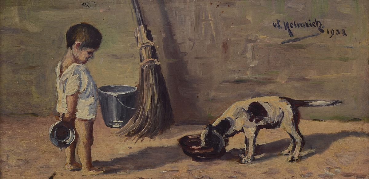 Walter Helmrich, geb. 1905, kleiner Knabe mit Hund, Öl/Karton, re. oben signiert und dat. 1938, ca. 9.5 x 19 cm, Rahmen l. best.
