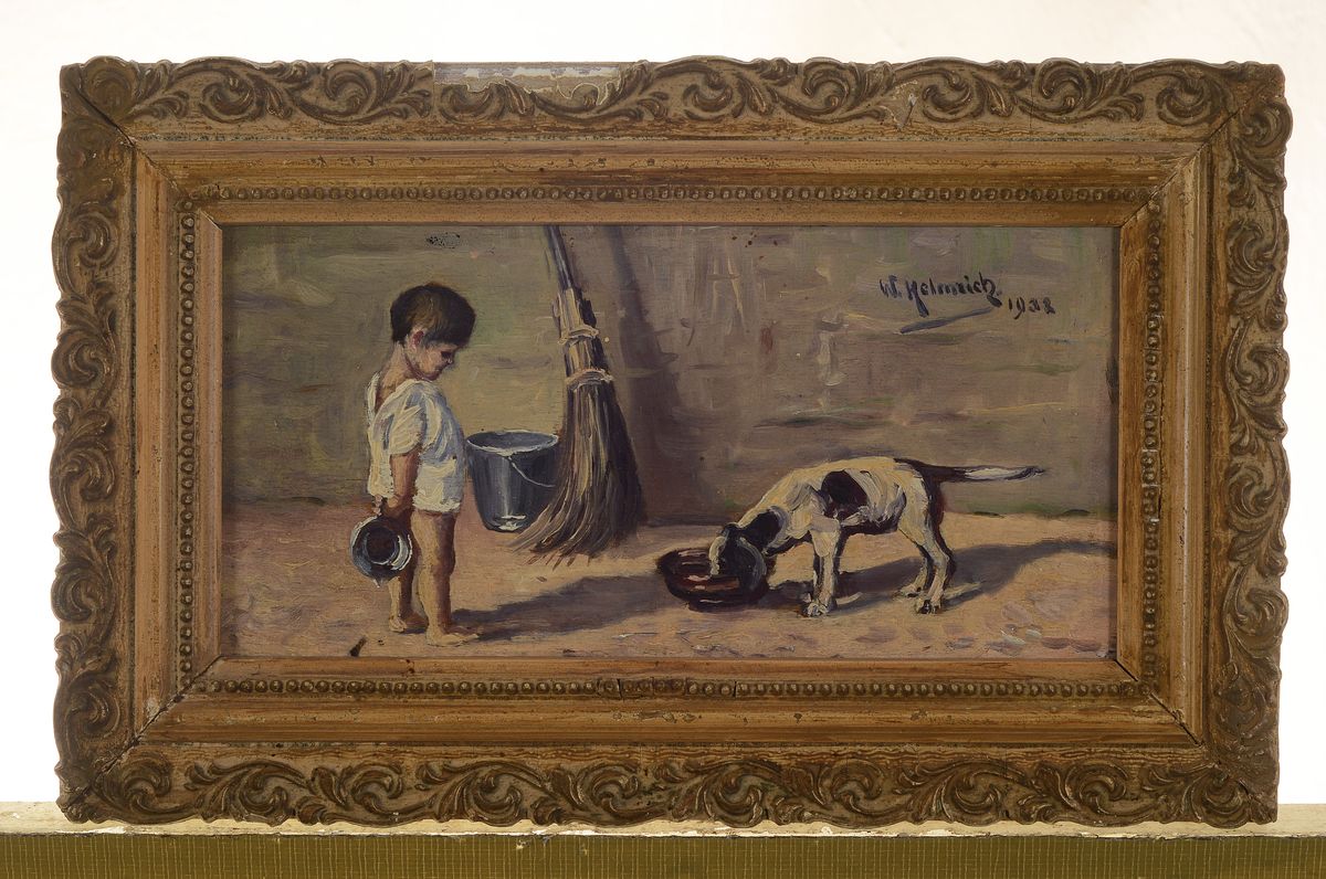 Detail k: Walter Helmrich, geb. 1905, kleiner Knabe mit Hund, Öl/Karton, re. oben signiert und dat. 1938, ca. 9.5 x 19 cm, Rahmen l. best.