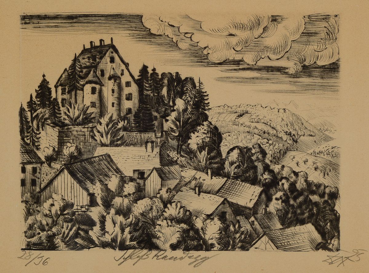 Otto Dix,1891-1969, Schloss Randegg, Kaltnadelradierung, num. 28/36, handsigniert, dat.(19)25, ca. 14.5 x 19.5 cm, Verlerger Hans Koch, unter Glas, ...