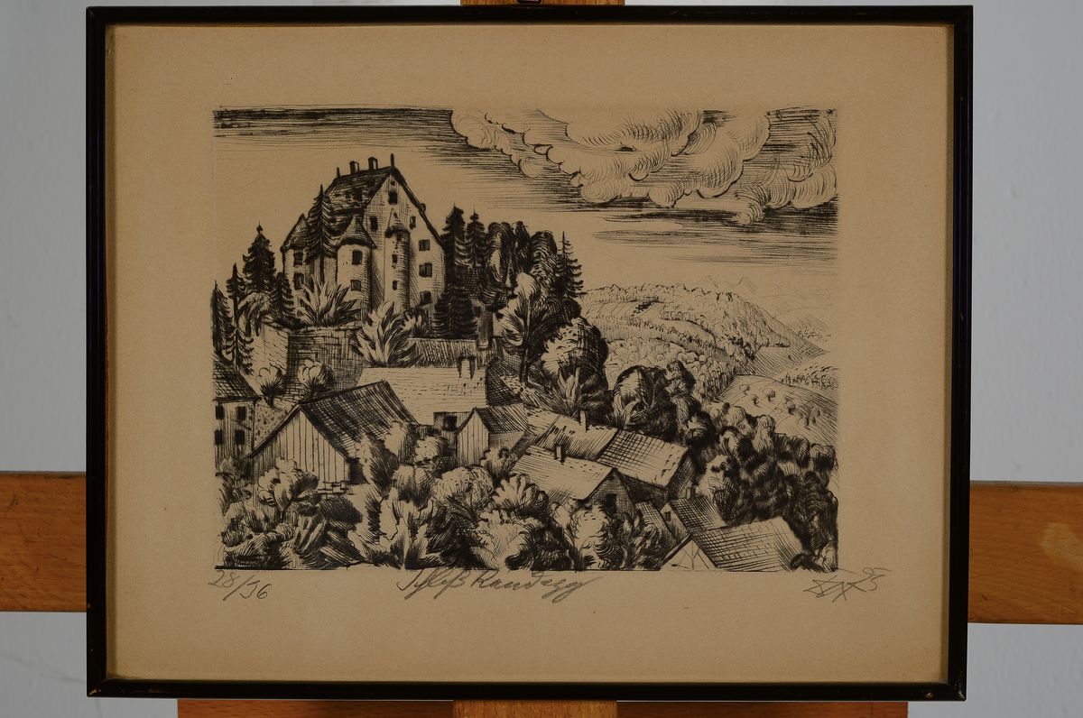 Detail k: Otto Dix,1891-1969, Schloss Randegg, Kaltnadelradierung, num. 28/36, handsigniert, dat.(19)25, ca. 14.5 x 19.5 cm, Verlerger Hans Koch, unter Glas, ...