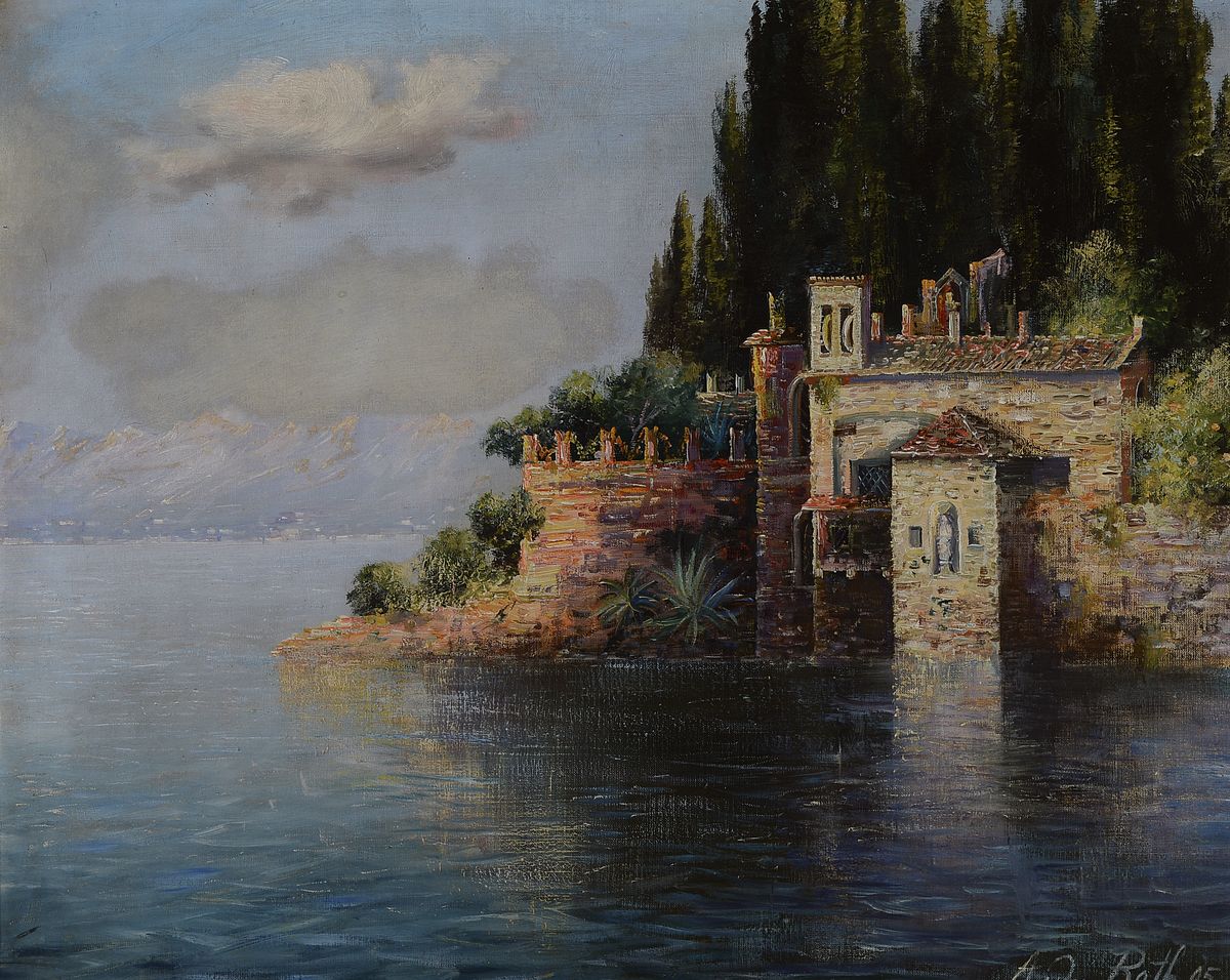 Andreas Roth, Kleine Kapelle bei der Villa Brenzoni-Guarenti an der Punta san Vigilio am Gardasee, Öl/Lwd, re. unten signiert und dat. 05, ca. 54 x ...