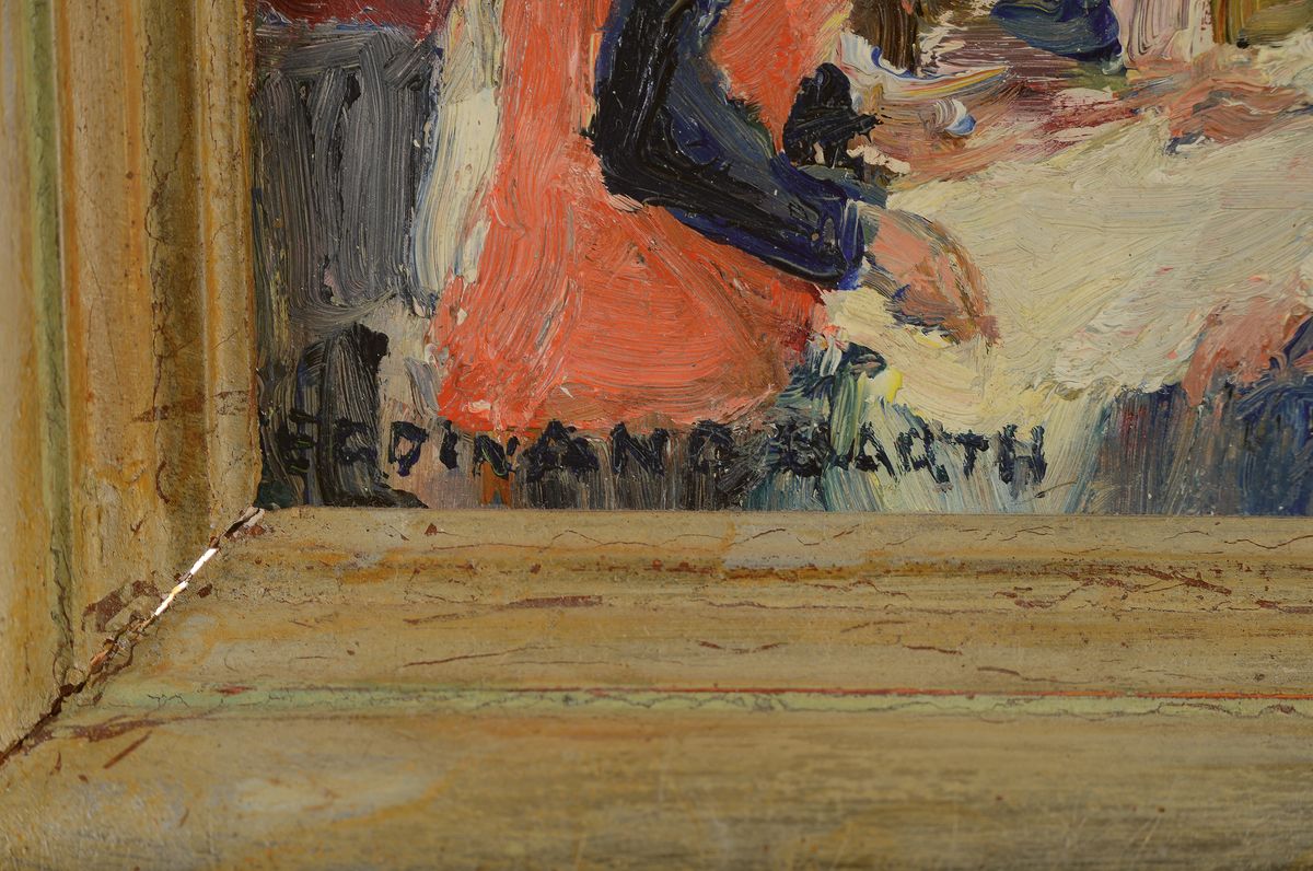 Detail a: Ferdinand Barth, 1902 - 1979, auf dem Flohmarkt, Öl/Platte, signiert, verso dat. 1974, ca.19 x 19 cm, Rahmen ca. 33 x 32 cm, l. best.
