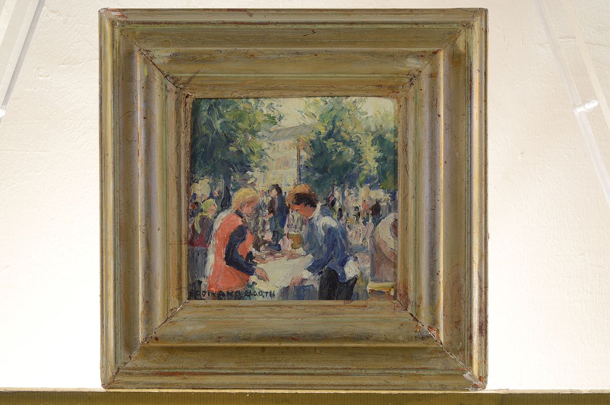 Detail k: Ferdinand Barth, 1902 - 1979, auf dem Flohmarkt, Öl/Platte, signiert, verso dat. 1974, ca.19 x 19 cm, Rahmen ca. 33 x 32 cm, l. best.