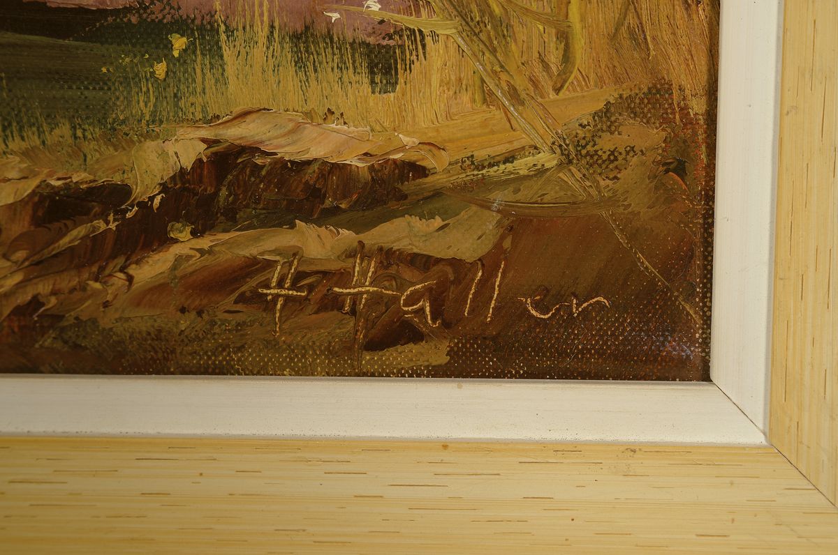 Detail a: Hermann Haller, 1880-1950, Gebirgslandschaft, im Vordergrund baumbestandener See mit Frau auf Weg, Öl/Lwd, rechts unten signiert H. Haller, ca. ...
