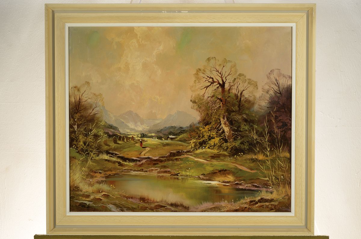 Detail k: Hermann Haller, 1880-1950, Gebirgslandschaft, im Vordergrund baumbestandener See mit Frau auf Weg, Öl/Lwd, rechts unten signiert H. Haller, ca. ...