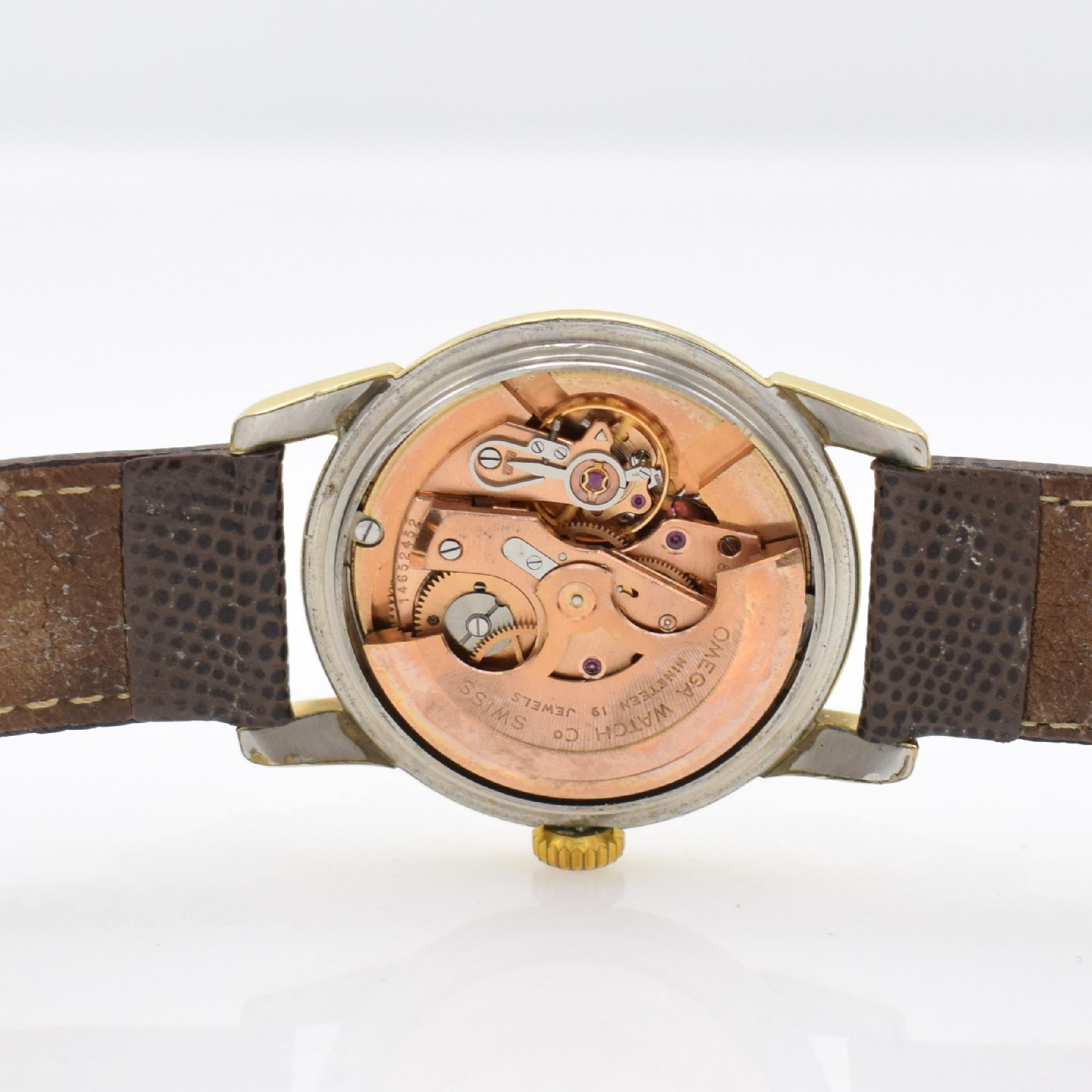 Detail f: OMEGA Herrenarmbanduhr Seamaster mit Goldhaube, Automatik, Ref. 2846-3SC, Schweiz um 1957, Edelstahlboden aufgedr., vers. orig. Zifferbl. m. aufgel. ...