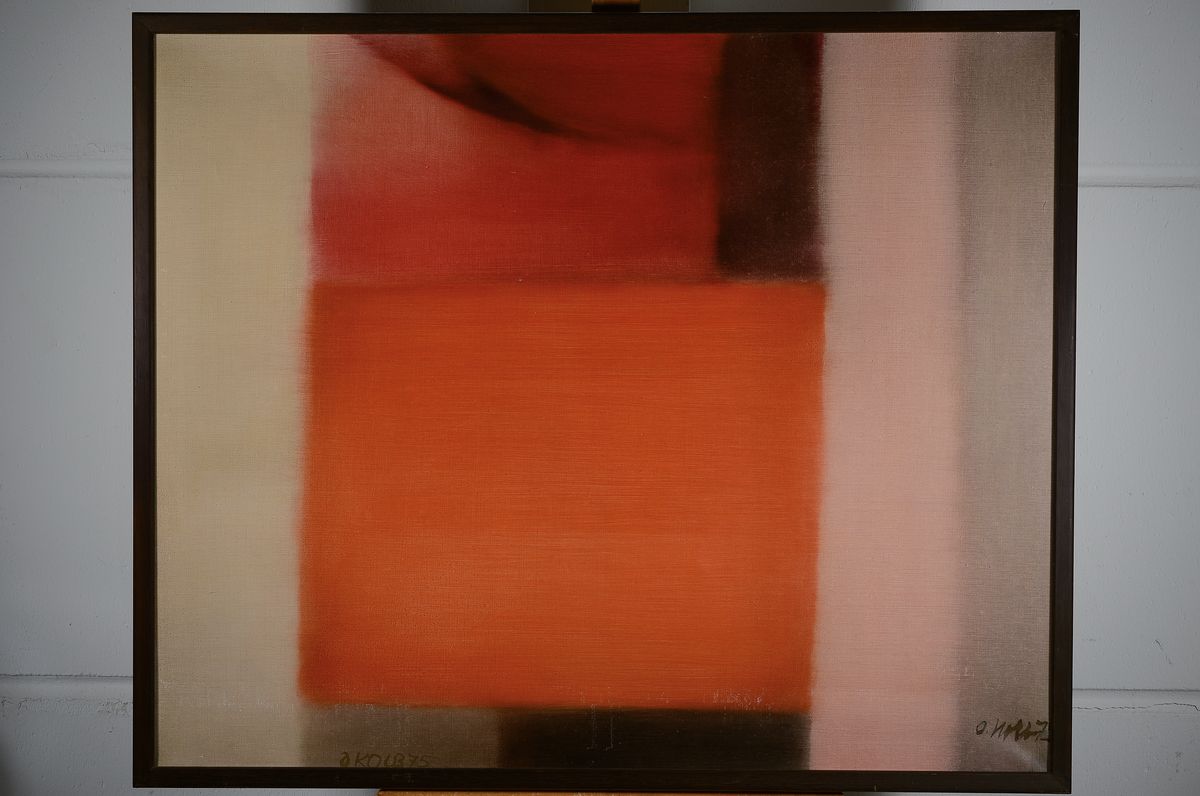 Detail k: Oskar Kolb, Wiesbaden, Acryl/Lwd, "Maestoso", signiert, verso auf Klebeetikett bezeichnet, ca. 80 x 100 cm, Rahmen