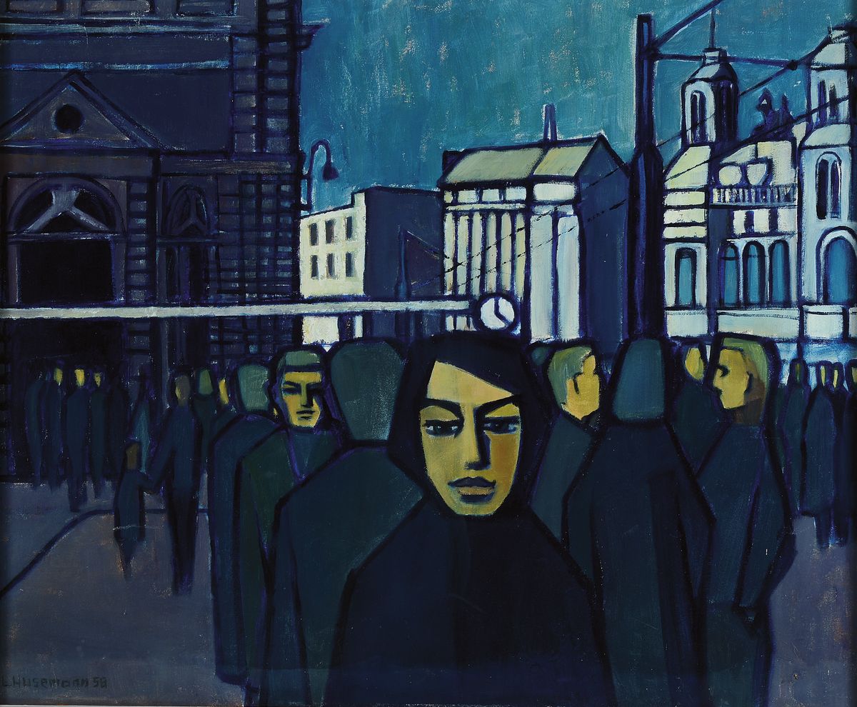 Erich Husemann, 1928 Friedberg/Hessen - Trappstadt 2008, "Feierabend in der großen Stadt", Öl/Platte, signiert und datiert 58, 67 x 81cm, ...
