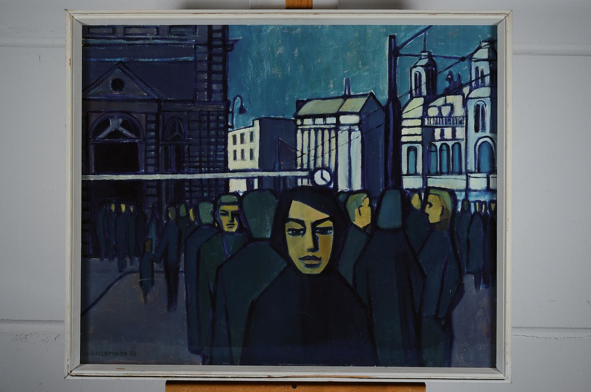 Detail k: Erich Husemann, 1928 Friedberg/Hessen - Trappstadt 2008, "Feierabend in der großen Stadt", Öl/Platte, signiert und datiert 58, 67 x 81cm, ...