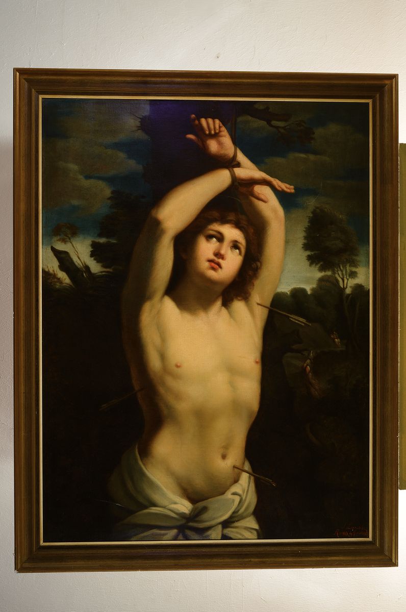 Detail k: Kopie nach Guido Reni (1575-1642) aus dem 19. Jh., Hl. Sebastian, lasierende Malerei, doubliert, restauriert, l. Alterssp., ca. 100x75 cm, R. ca. ...