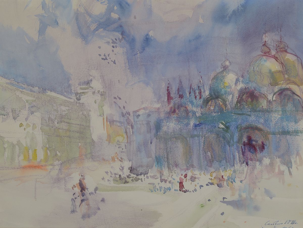 Carolus Vocke, 1899 Heilbronn- 1979 Mannheim, Studium an den Akademien Stuttgart und Karlsruhe, hier: Markusplatz von Venedig, Aquarell auf Papier, ...