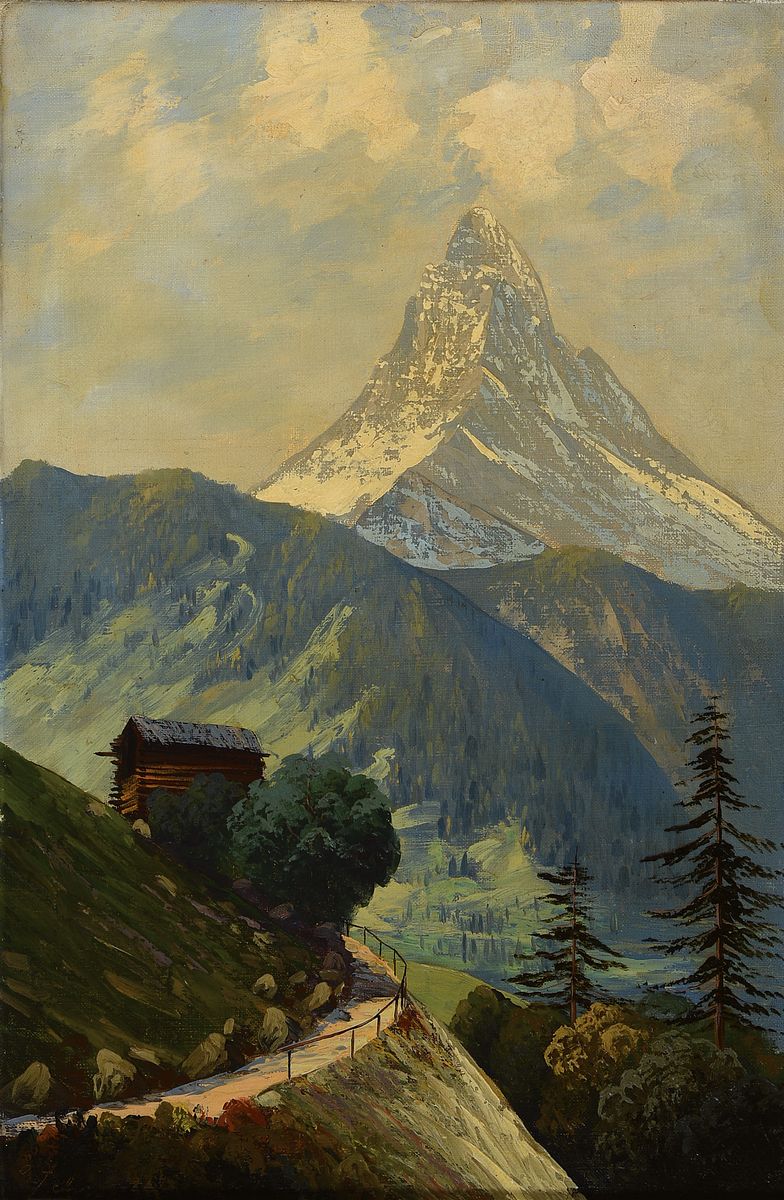 Zuhr, ungedeuteter Künstler, um 1900, zwei Gebirgslandschaften mit Blick auf das Matterhorn, Öl/Lwd, beide signiert, ca. 54 x 37 cm, Rahmen l. ...