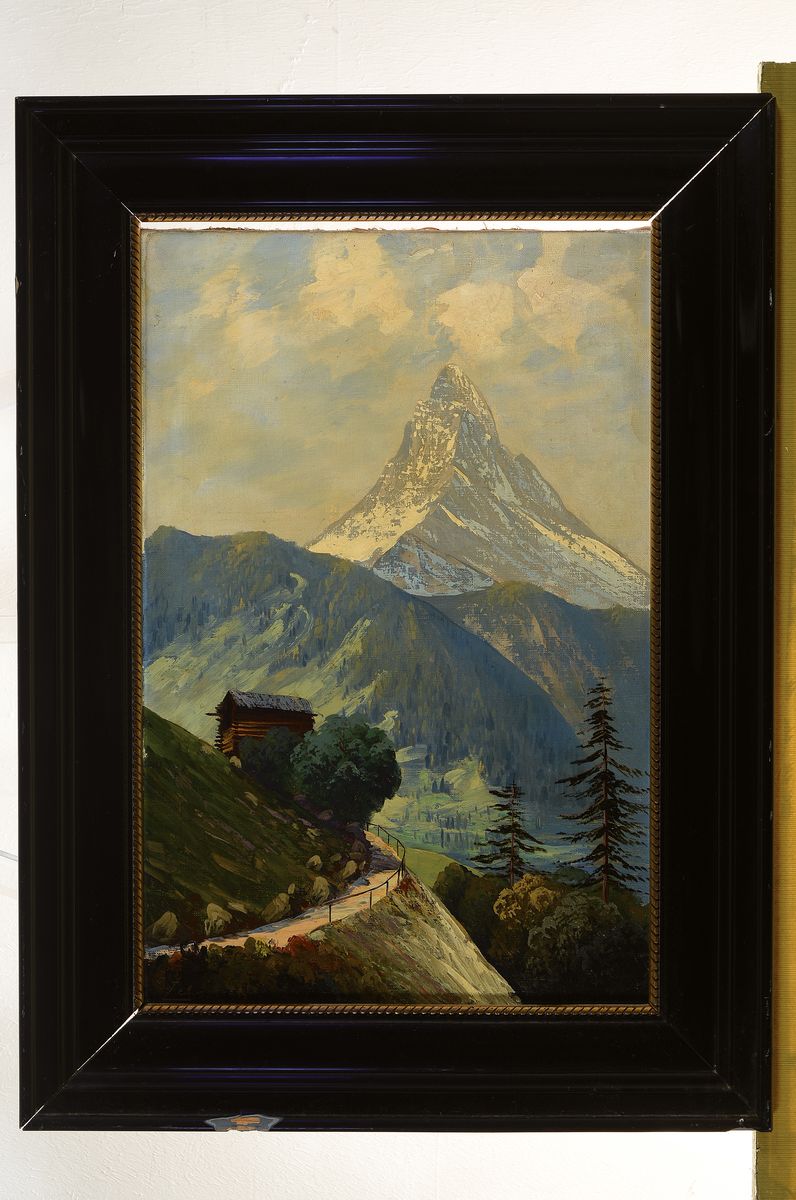 Detail k: Zuhr, ungedeuteter Künstler, um 1900, zwei Gebirgslandschaften mit Blick auf das Matterhorn, Öl/Lwd, beide signiert, ca. 54 x 37 cm, Rahmen l. ...