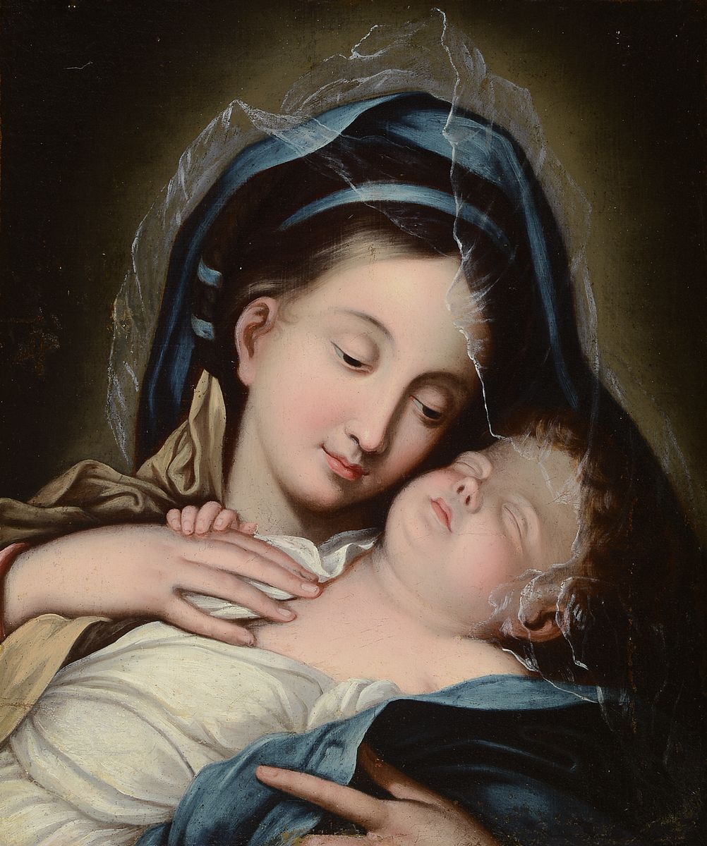 Niederländischer Meister, um 1680, Mutter Gottes mit schlafendem Jesuskind, Berührung des Kindes durch die Hand der Mutter, Jesusknabe hält den ...