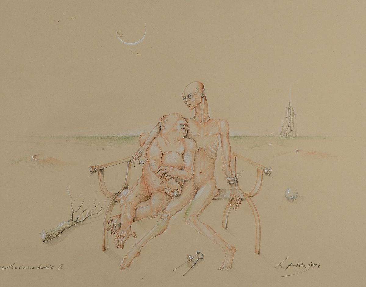 Werner Holz, 1948-1991, Melancholie II, Bleistiftzeichnung, rechts unten signiert, datiert 1972, Passepartout, unter Glas gerahmt, ca. 43x51cm/69x78cm