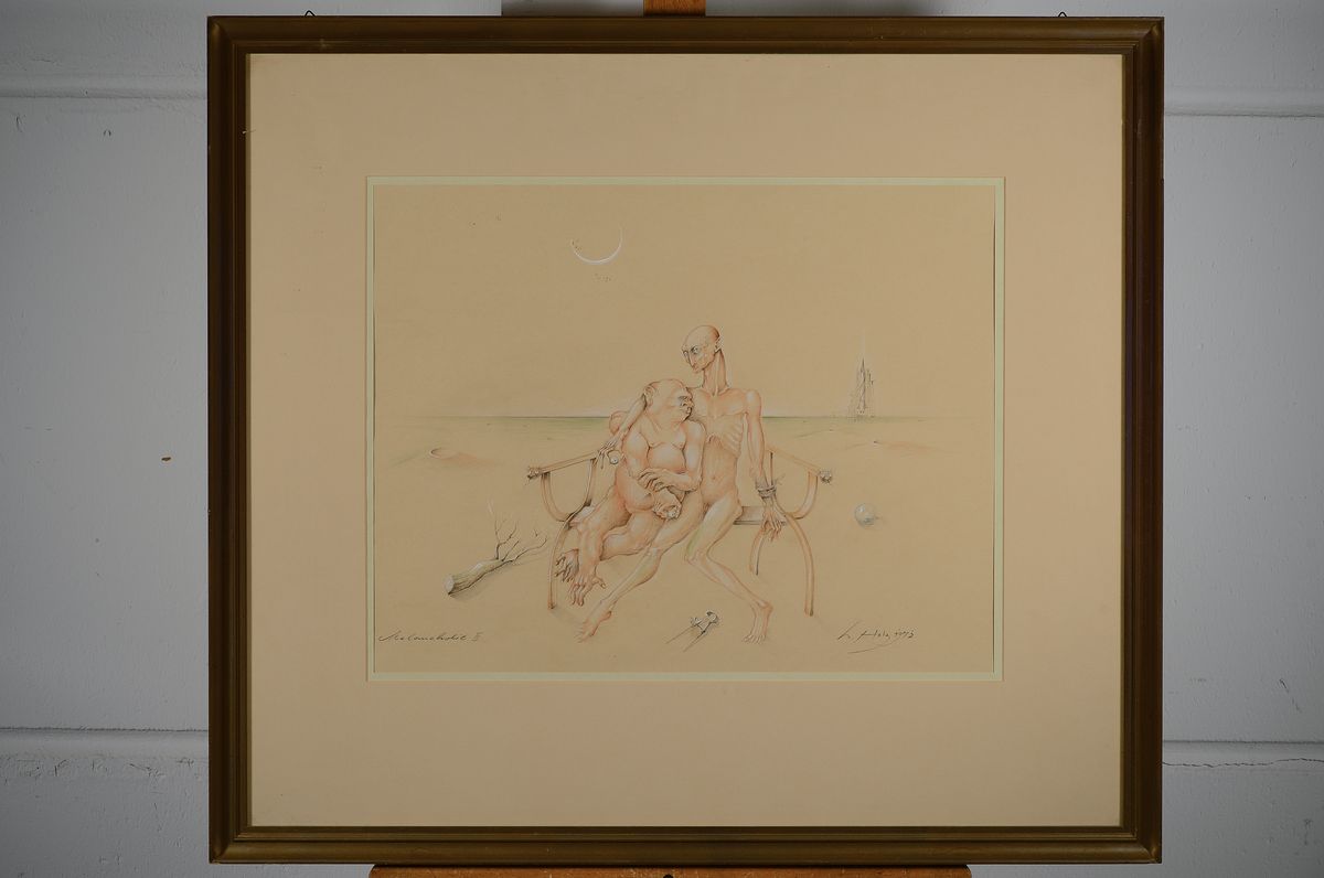 Detail k: Werner Holz, 1948-1991, Melancholie II, Bleistiftzeichnung, rechts unten signiert, datiert 1972, Passepartout, unter Glas gerahmt, ca. 43x51cm/69x78cm