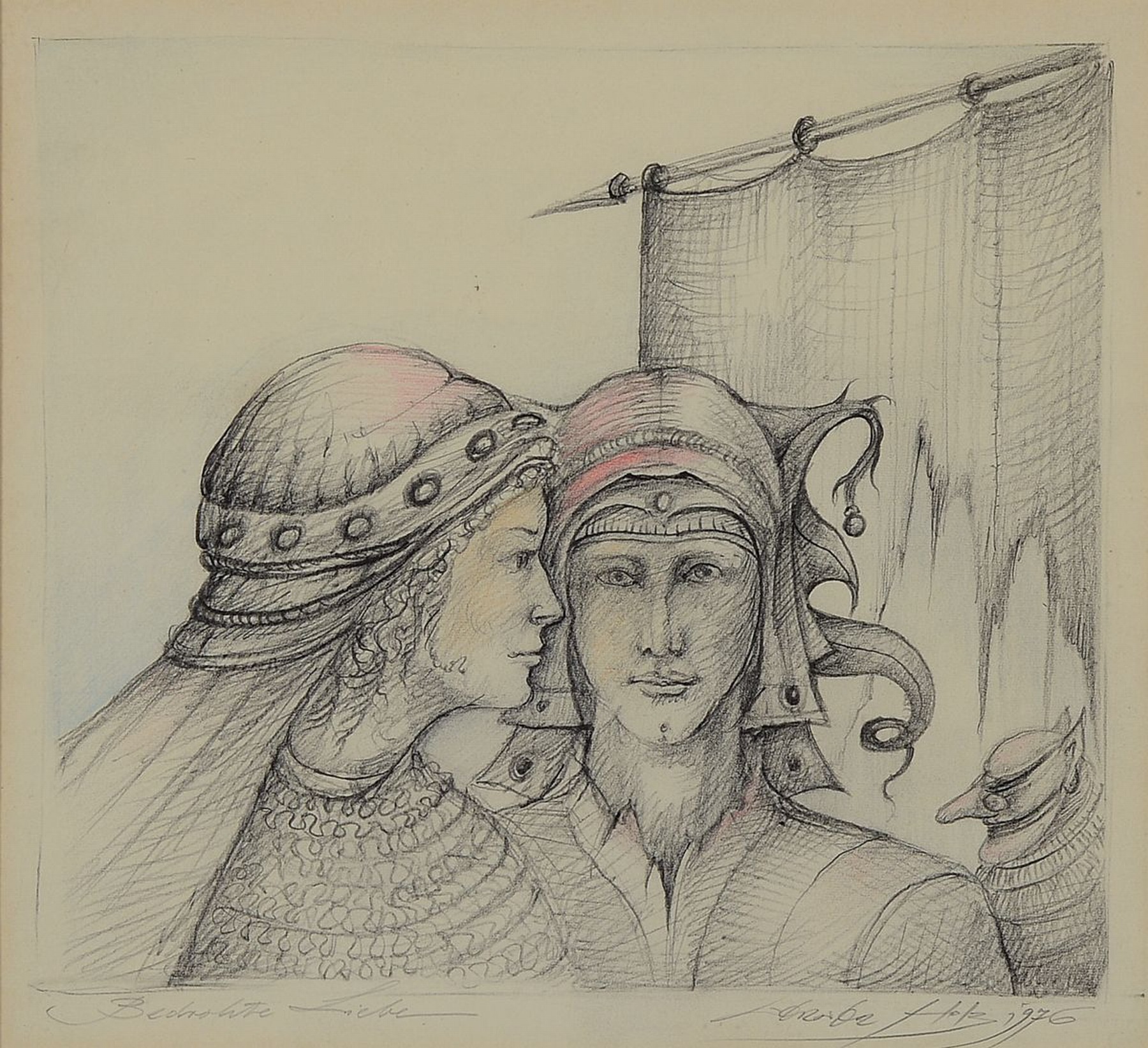 Werner Holz, 1948-1991, Bedrohte Liebe, Zeichnung, partiell koloriert, rechts unten signiert und datiert 1976, Passepartout,unter Glas gerahmt, ca. ...