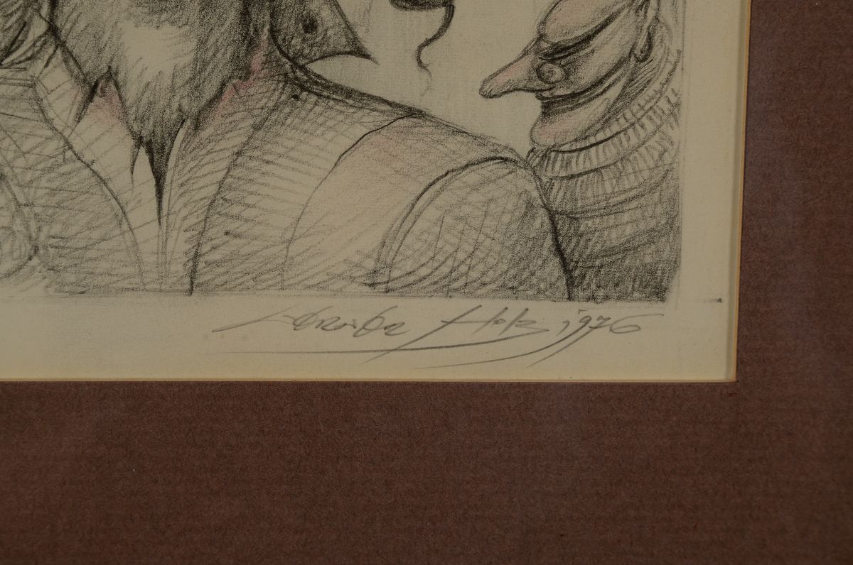 Detail g: Werner Holz, 1948-1991, Bedrohte Liebe, Zeichnung, partiell koloriert, rechts unten signiert und datiert 1976, Passepartout,unter Glas gerahmt, ca. ...