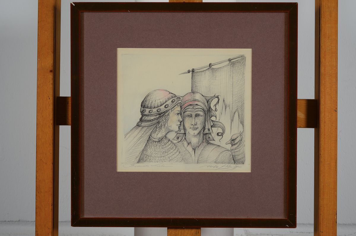 Detail k: Werner Holz, 1948-1991, Bedrohte Liebe, Zeichnung, partiell koloriert, rechts unten signiert und datiert 1976, Passepartout,unter Glas gerahmt, ca. ...