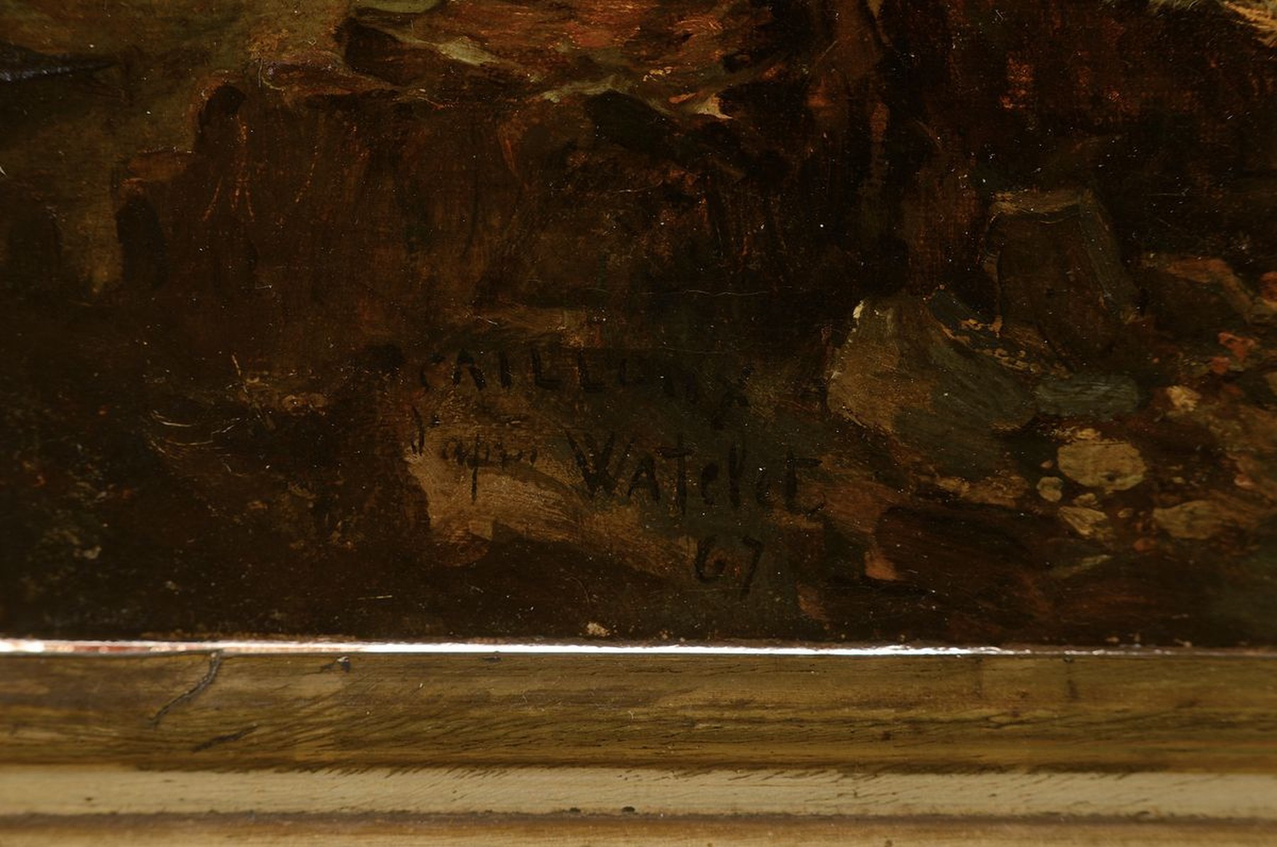 Detail a: Caillot nach Watelet, dat. (18)67, Gebirgslandschaft mit Mühle u. Personenstaffage, Öl/Lwd, signiert u. bezeichnet, ca. 38x54 cm