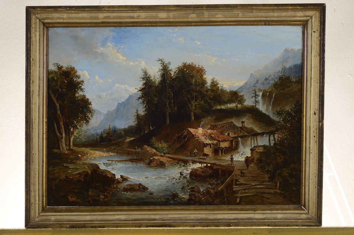 Detail k: Caillot nach Watelet, dat. (18)67, Gebirgslandschaft mit Mühle u. Personenstaffage, Öl/Lwd, signiert u. bezeichnet, ca. 38x54 cm