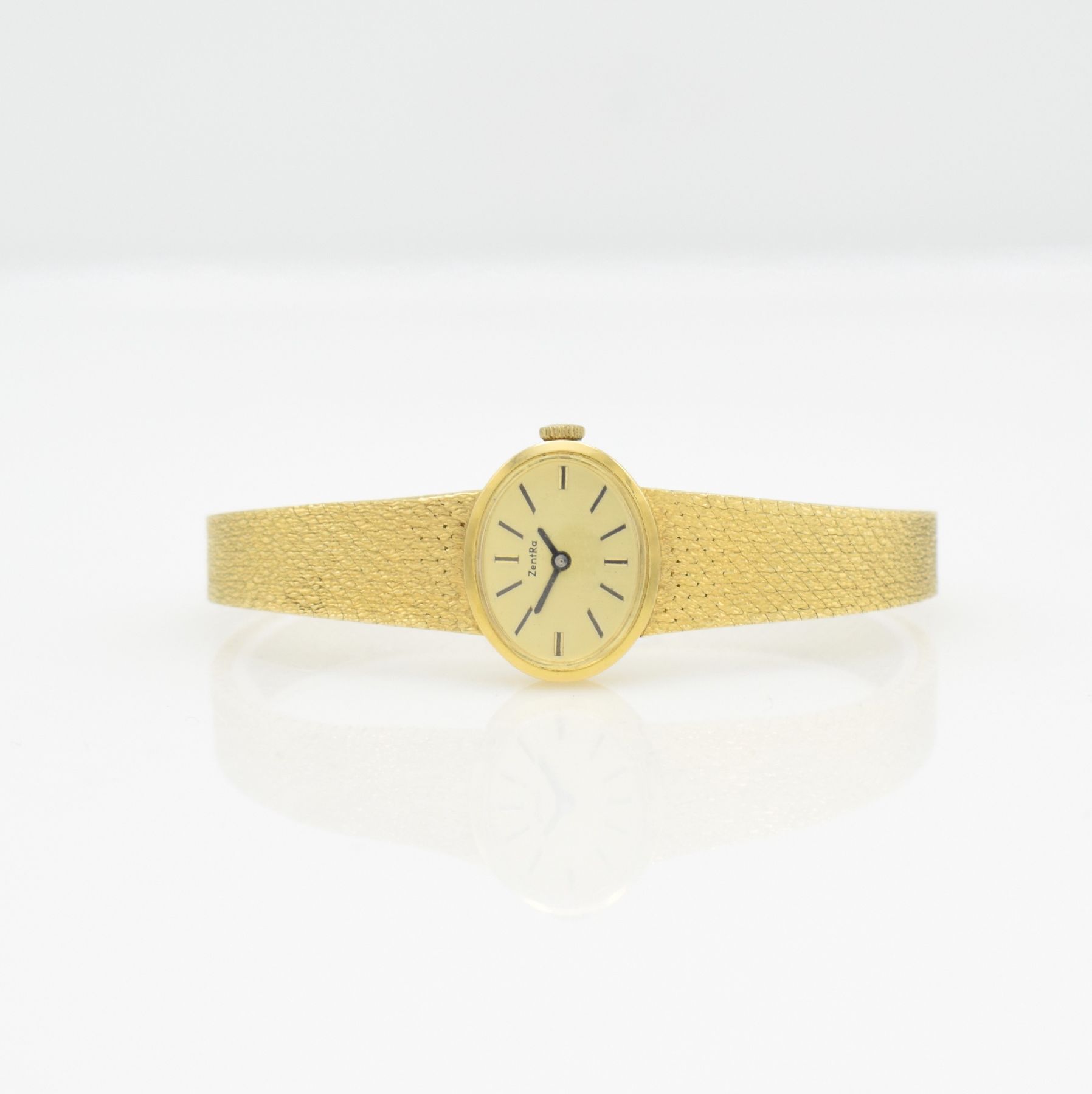 ZENTRA Damenarmbanduhr in GG 585/000, Handaufzug, Deutschland um 1975, 2-teil. Geh., Boden aufgedr., gold. Zifferbl. m. aufges. Indizes, Kal. Durowe ...