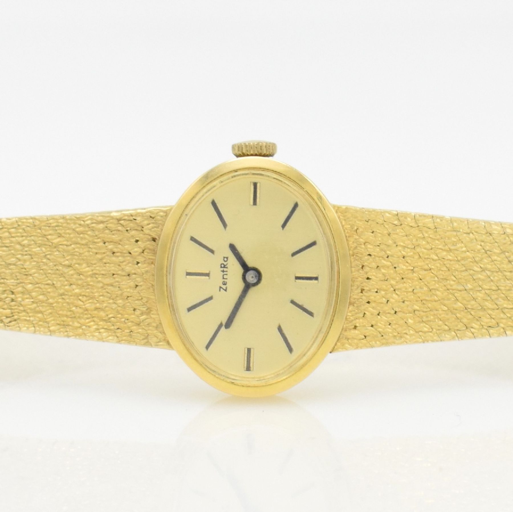 Detail a: ZENTRA Damenarmbanduhr in GG 585/000, Handaufzug, Deutschland um 1975, 2-teil. Geh., Boden aufgedr., gold. Zifferbl. m. aufges. Indizes, Kal. Durowe ...