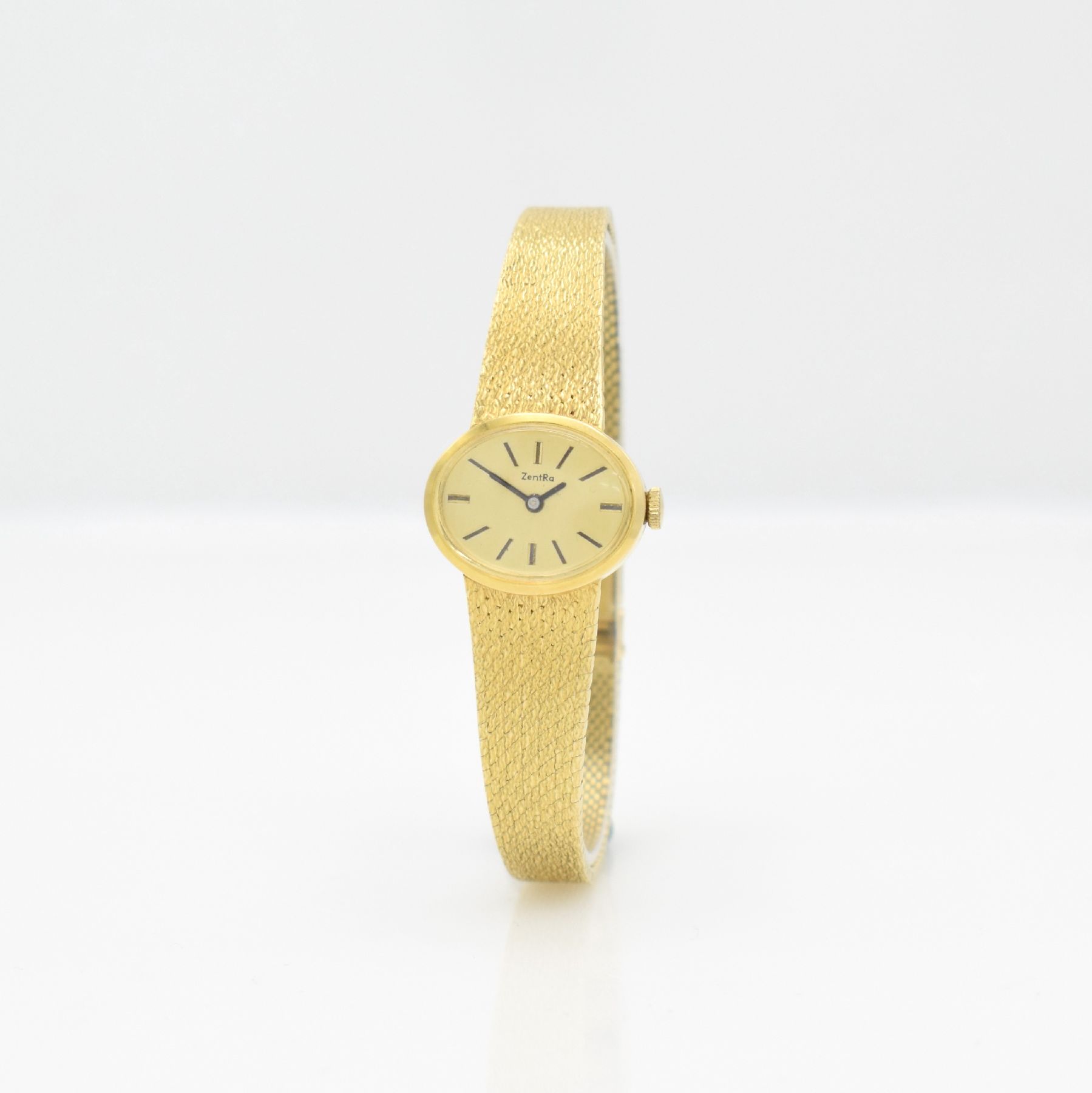 Detail b: ZENTRA Damenarmbanduhr in GG 585/000, Handaufzug, Deutschland um 1975, 2-teil. Geh., Boden aufgedr., gold. Zifferbl. m. aufges. Indizes, Kal. Durowe ...