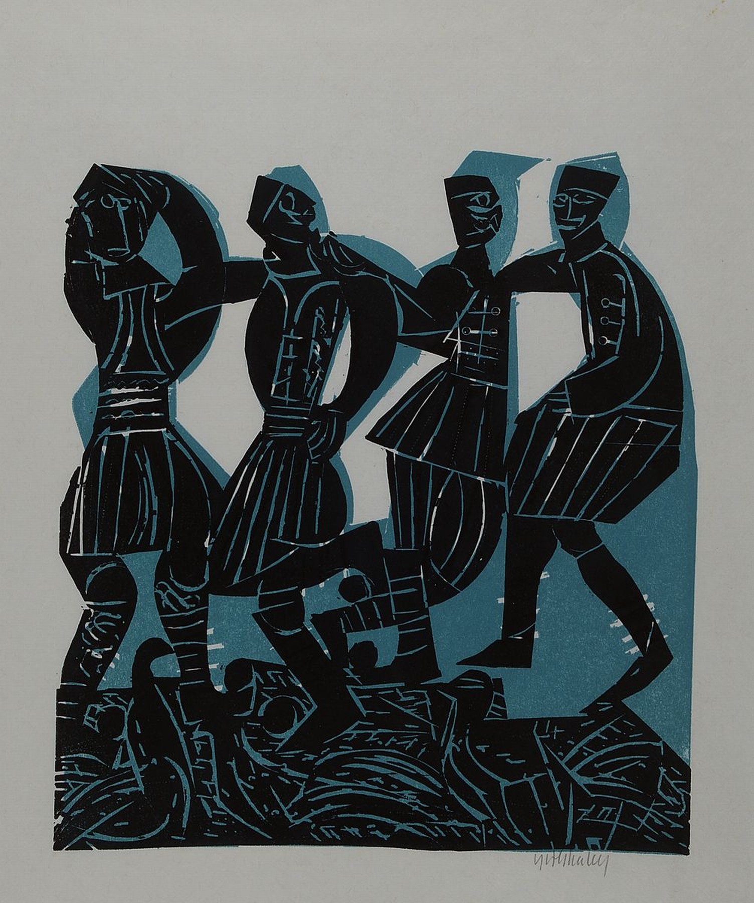 HAP Grieshaber, 1909 Rot (Oberschwaben) - 1981 Achalm bei Reutlingen, Holzschnitt , tanzende Griechen, handsigniert, ca. 42 x 36 cm PP-Ausschnitt, ...