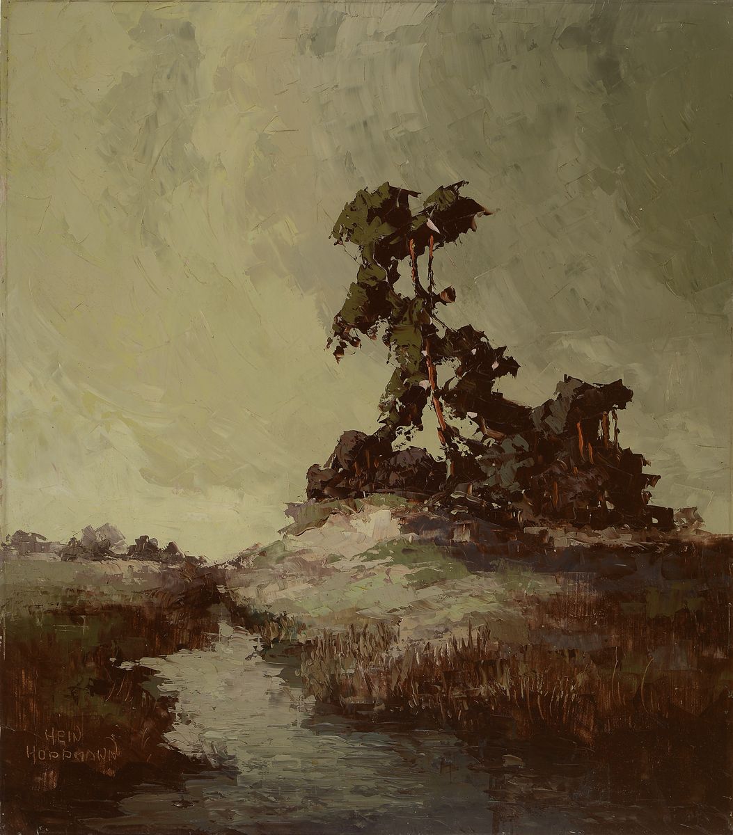Hein Hoppmann, 1901-1982, Flusslandschaft, Wiedergabe der Stimmung im Zwielicht, pastos gespachtelter Farbauftrag in erdigen Tönen, li. unten ...
