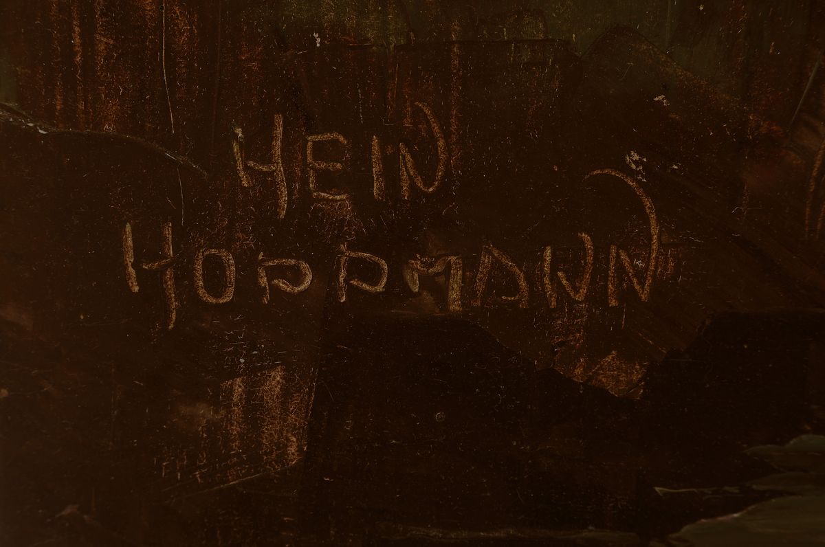 Detail a: Hein Hoppmann, 1901-1982, Flusslandschaft, Wiedergabe der Stimmung im Zwielicht, pastos gespachtelter Farbauftrag in erdigen Tönen, li. unten ...