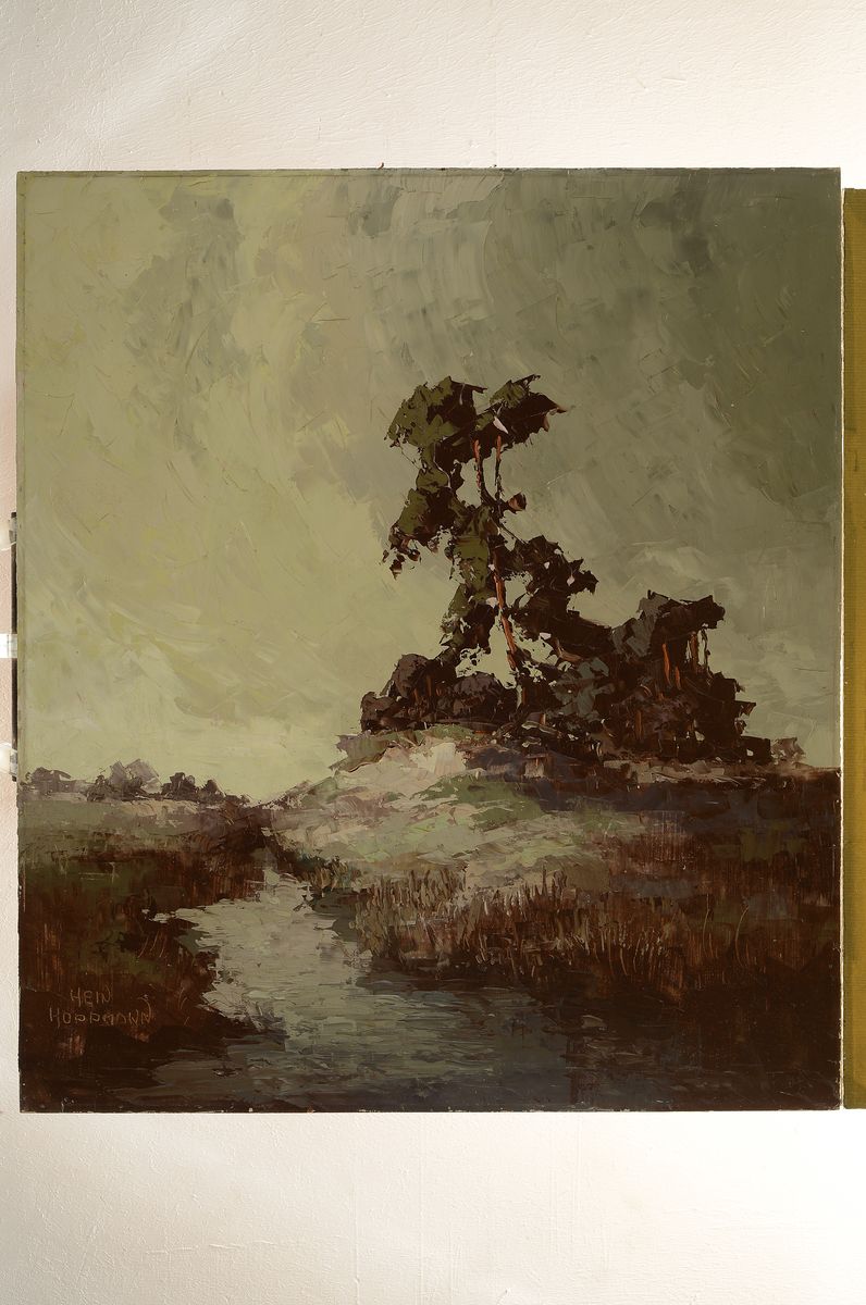 Detail k: Hein Hoppmann, 1901-1982, Flusslandschaft, Wiedergabe der Stimmung im Zwielicht, pastos gespachtelter Farbauftrag in erdigen Tönen, li. unten ...